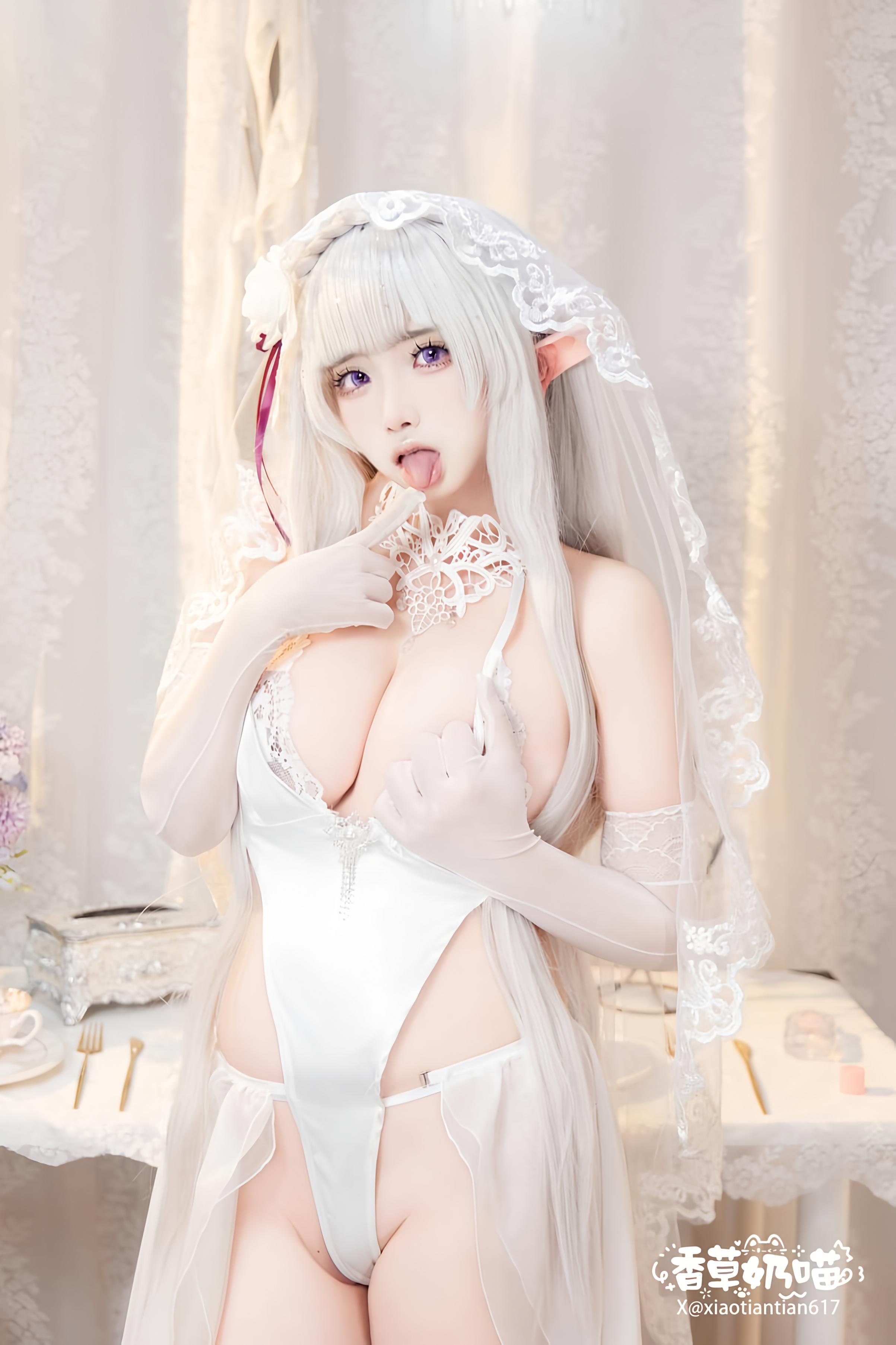 [คอสเพลย์] 香草奶喵 - Re:จากศูนย์เริ่มต้นชีวิตในต่างโลก เอมิเลีย วันวาเลนไทน์: เจ้าหญิงหูเอลฟ์ผมขาว ชุดแต่งงาน บราสุดเซ็กซี่ 151P