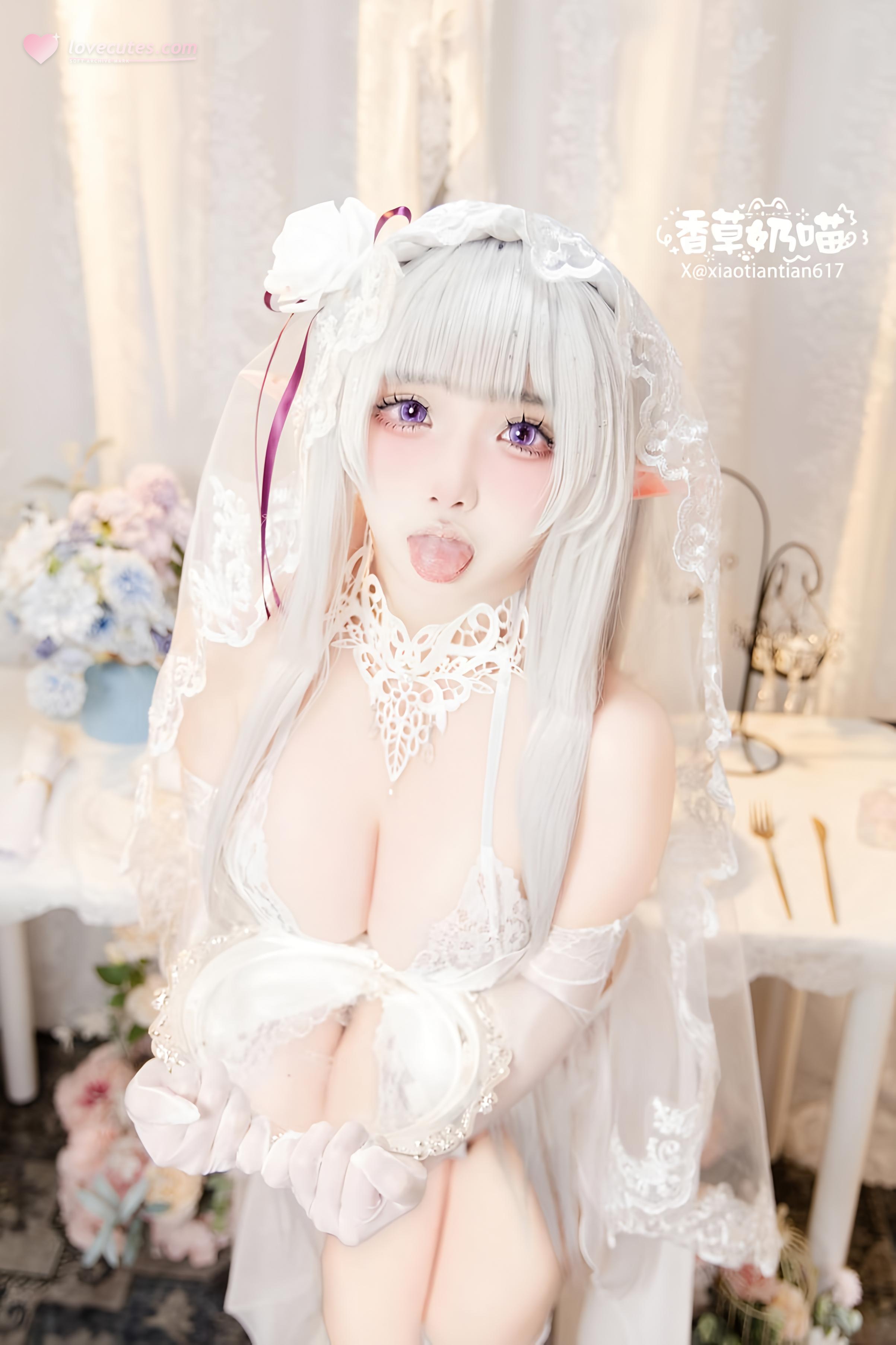 【コスプレ】香草奶喵 - Re:ゼロから始める異世界生活 エミリア バレンタイン：白髪エルフ耳ウェディングドレス 巨乳白ストッキング再現 151P
