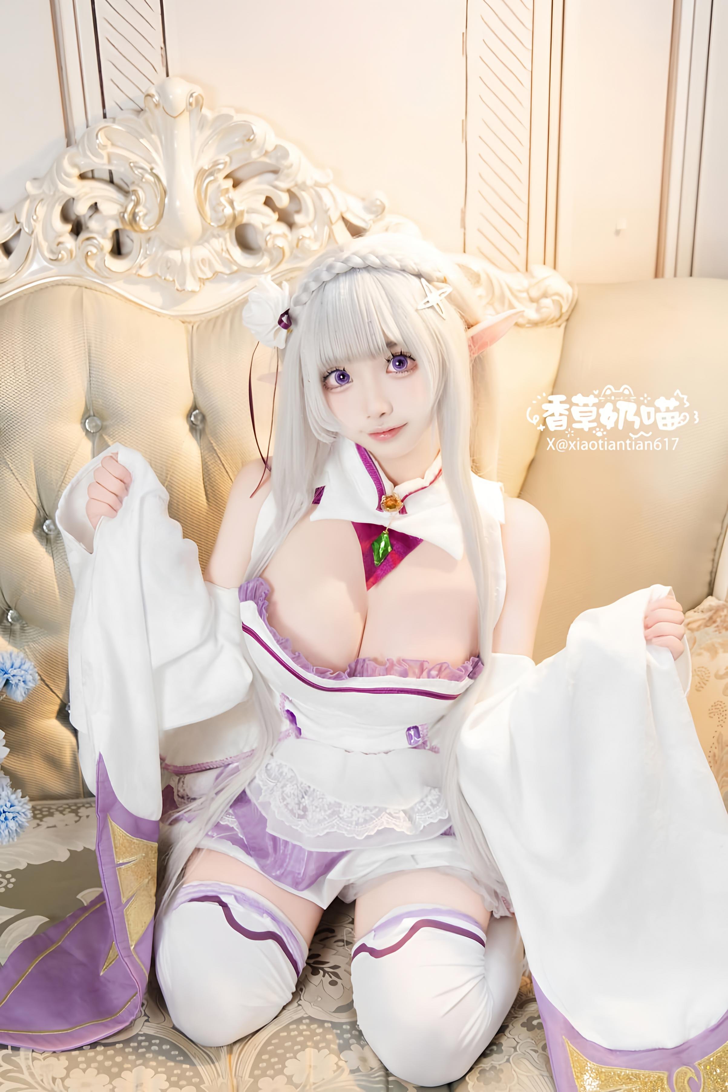 [คอสเพลย์] 香草奶喵 - Re:จากศูนย์เริ่มต้นชีวิตในต่างโลก เอมิเลีย วันวาเลนไทน์: เจ้าหญิงหูเอลฟ์ผมขาว ชุดแต่งงาน บราสุดเซ็กซี่ 151P