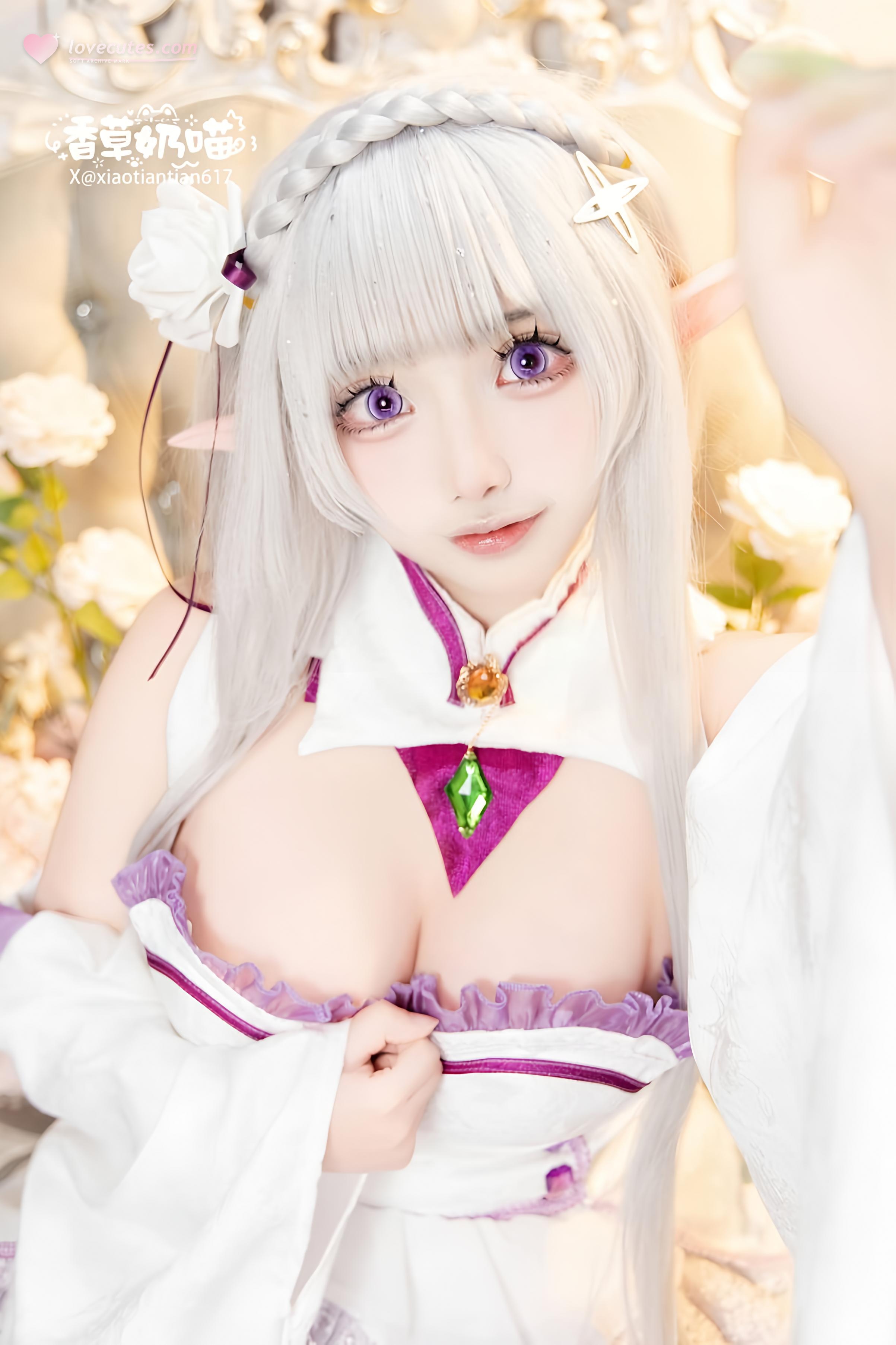 [คอสเพลย์] 香草奶喵 - Re:จากศูนย์เริ่มต้นชีวิตในต่างโลก เอมิเลีย วันวาเลนไทน์: เจ้าหญิงหูเอลฟ์ผมขาว ชุดแต่งงาน บราสุดเซ็กซี่ 151P