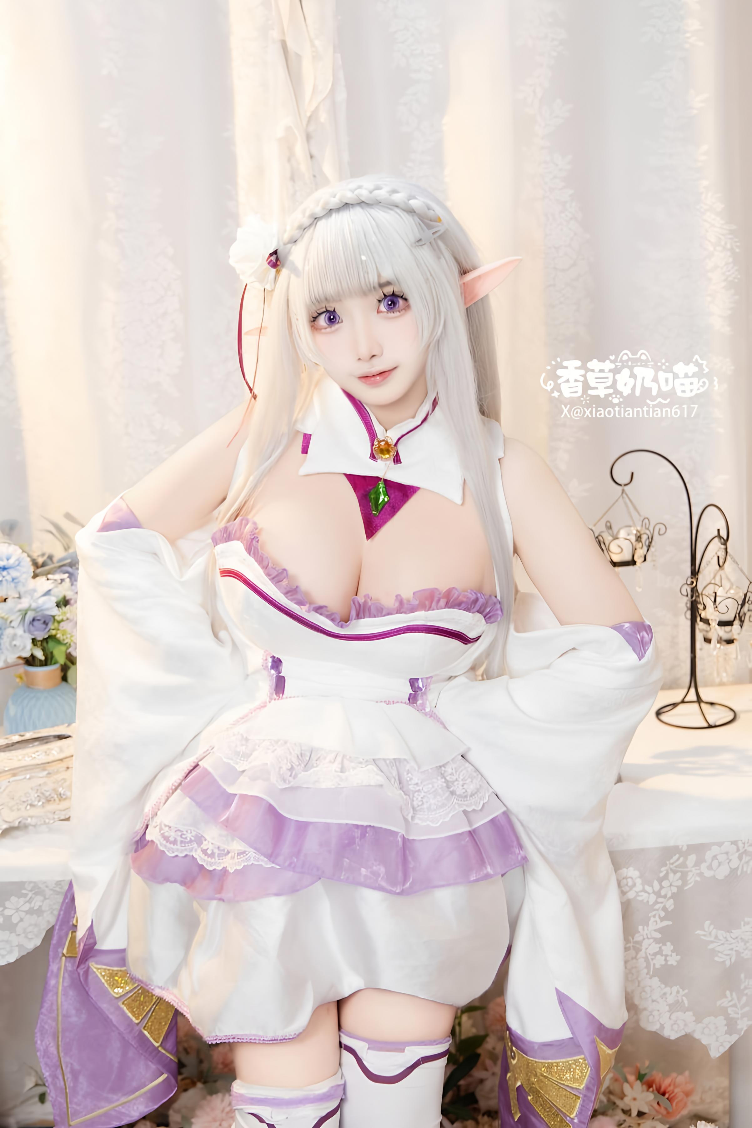 [คอสเพลย์] 香草奶喵 - Re:จากศูนย์เริ่มต้นชีวิตในต่างโลก เอมิเลีย วันวาเลนไทน์: เจ้าหญิงหูเอลฟ์ผมขาว ชุดแต่งงาน บราสุดเซ็กซี่ 151P