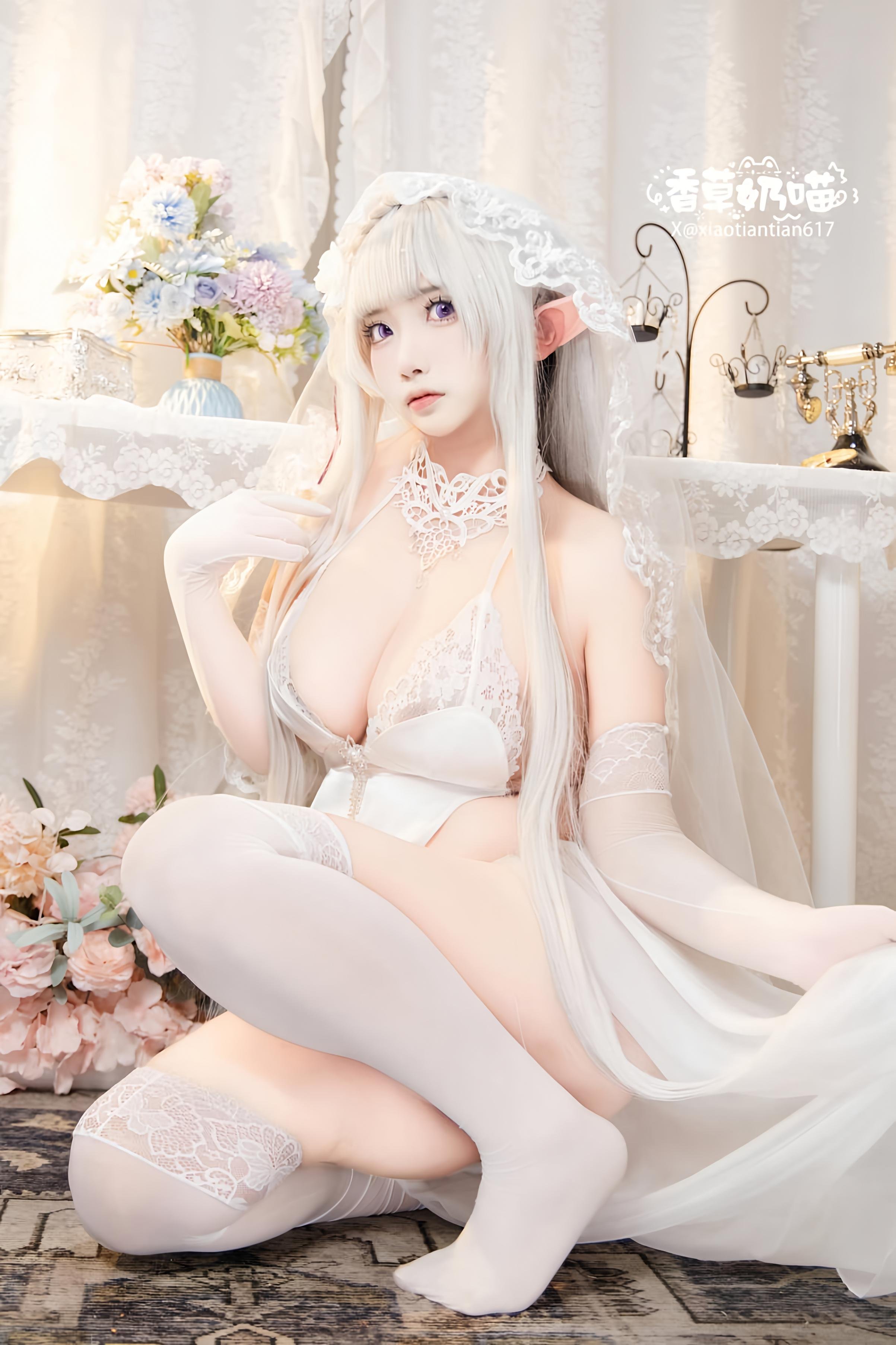 [คอสเพลย์] 香草奶喵 - Re:จากศูนย์เริ่มต้นชีวิตในต่างโลก เอมิเลีย วันวาเลนไทน์: เจ้าหญิงหูเอลฟ์ผมขาว ชุดแต่งงาน บราสุดเซ็กซี่ 151P