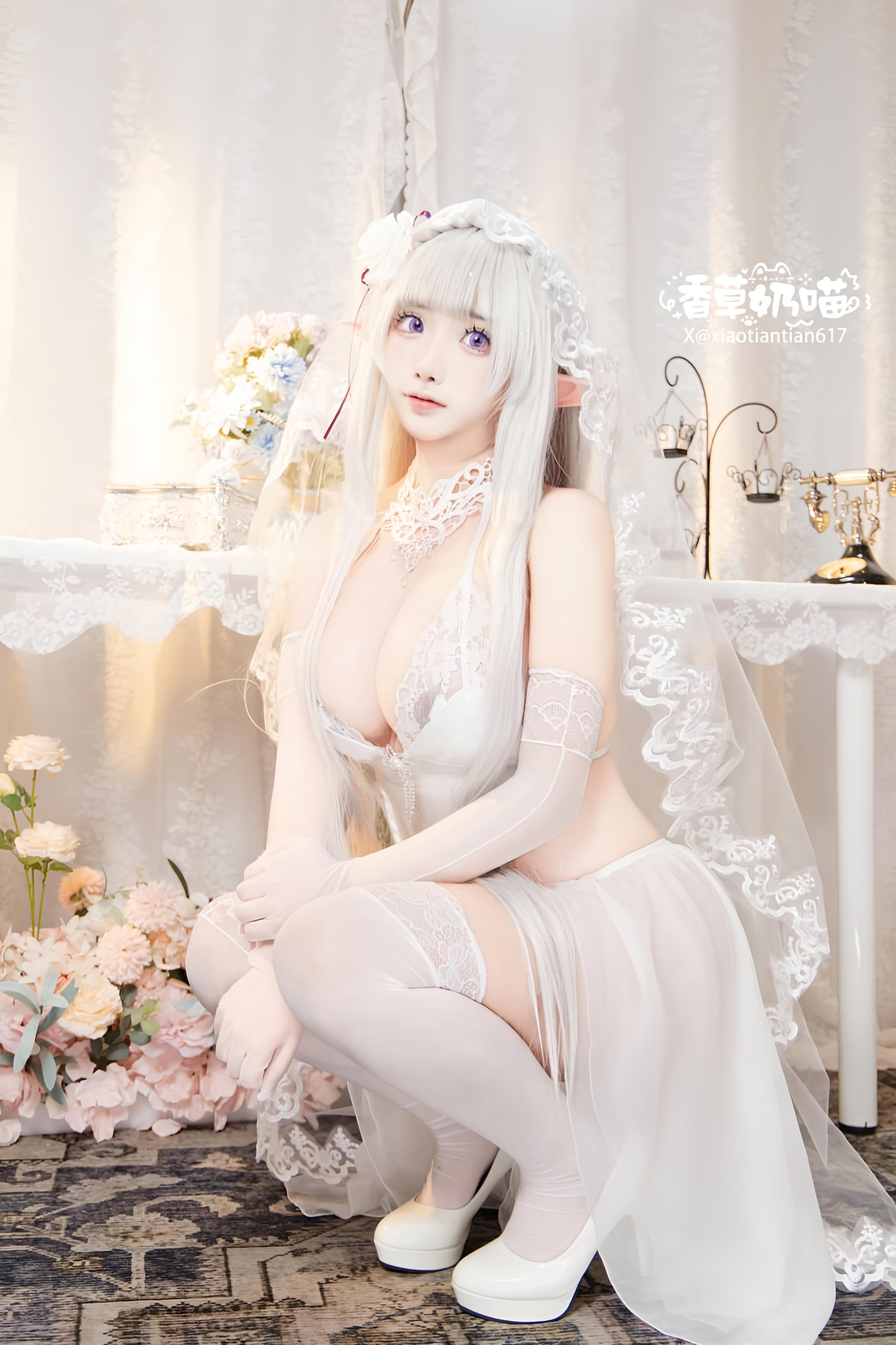 [คอสเพลย์] 香草奶喵 - Re:จากศูนย์เริ่มต้นชีวิตในต่างโลก เอมิเลีย วันวาเลนไทน์: เจ้าหญิงหูเอลฟ์ผมขาว ชุดแต่งงาน บราสุดเซ็กซี่ 151P