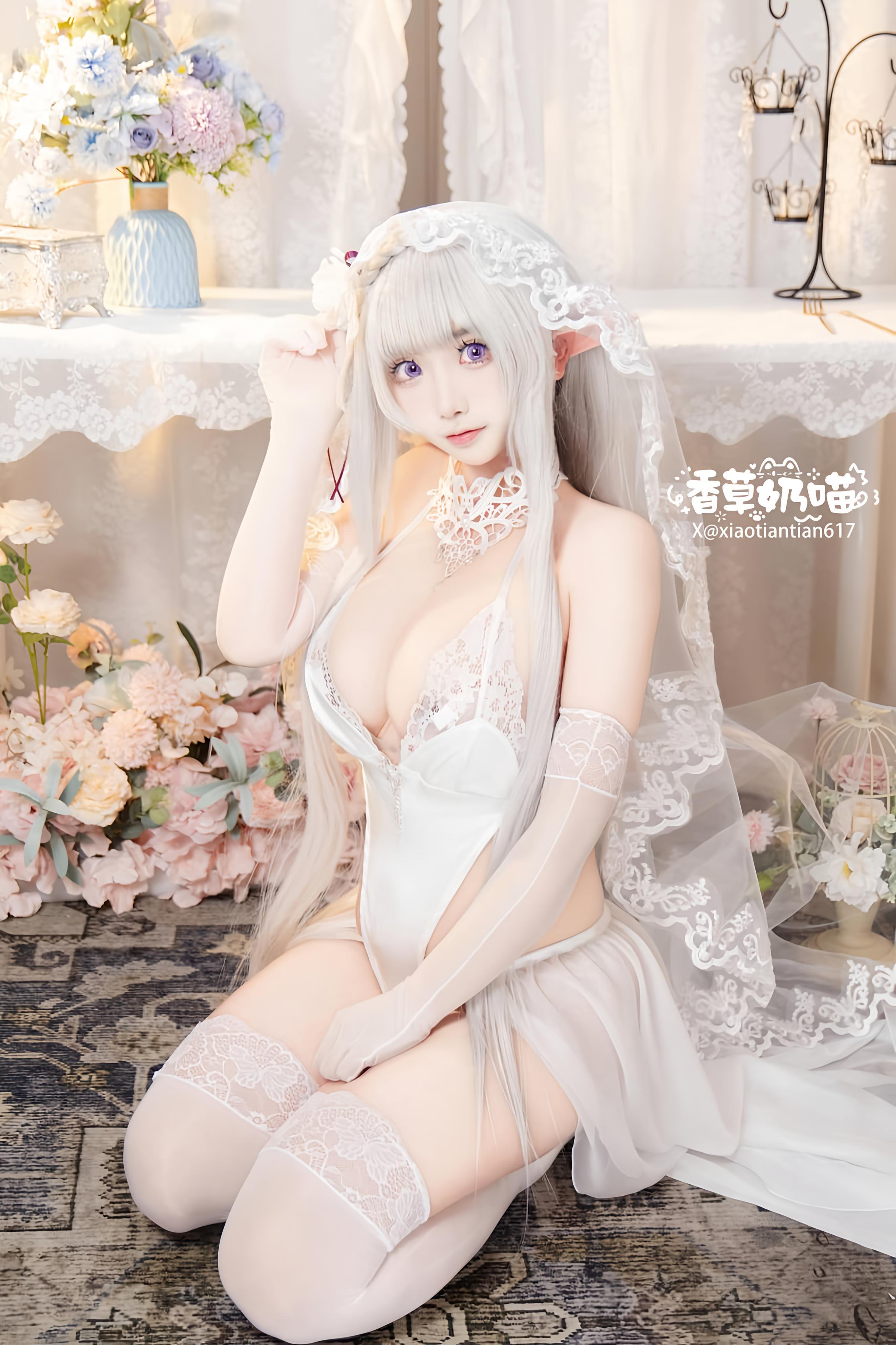 [Cosplay] Vanilla Cat - Re:Zero Starting Life in Another World Emilia Valentine's Day: White-Haired Elf Ear Wedding Dress, Busty White Stockings Recreation 151P