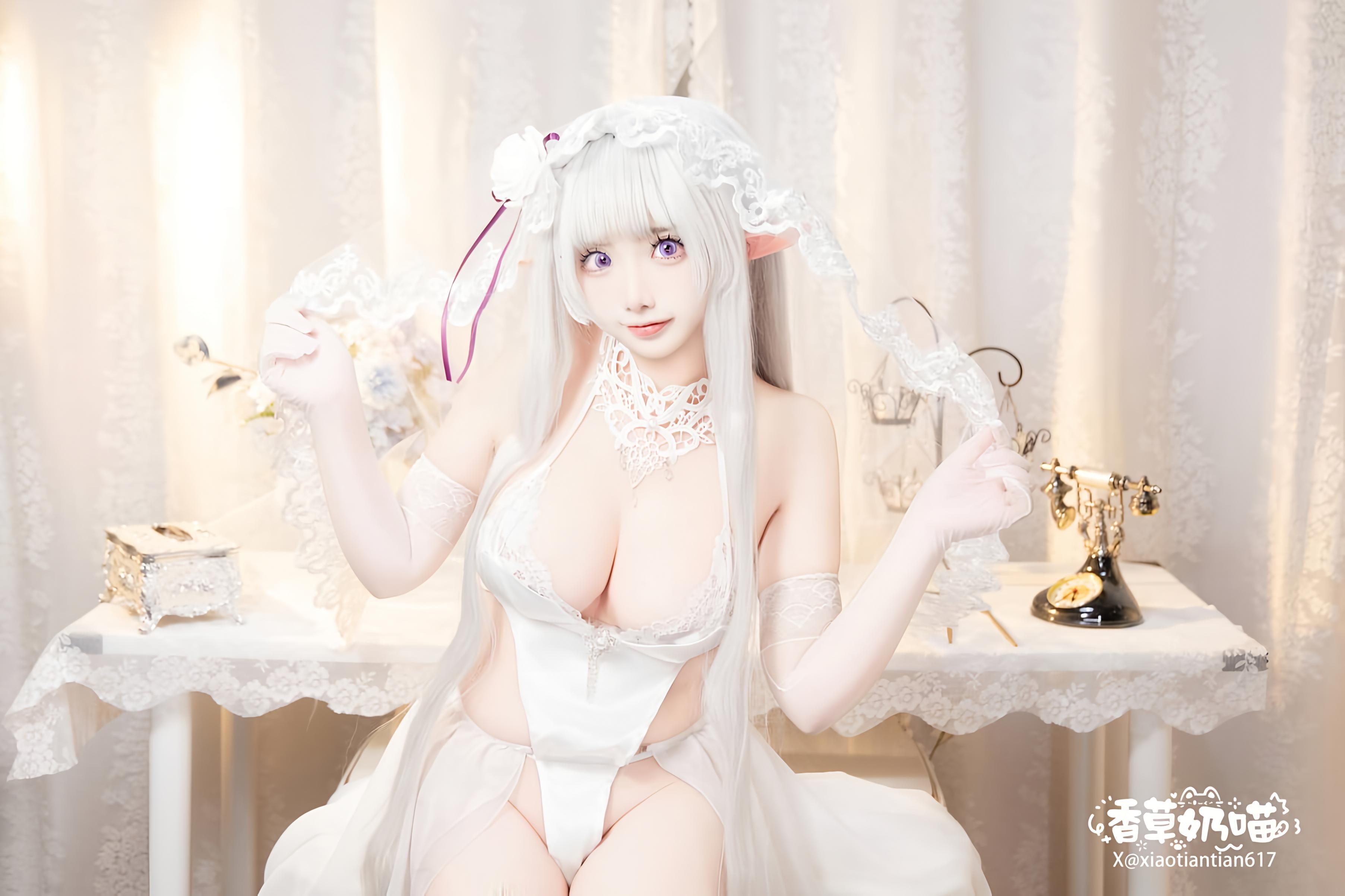 [Cosplay] Vanilla Cat - Re:Zero Starting Life in Another World Emilia Valentine's Day: White-Haired Elf Ear Wedding Dress, Busty White Stockings Recreation 151P