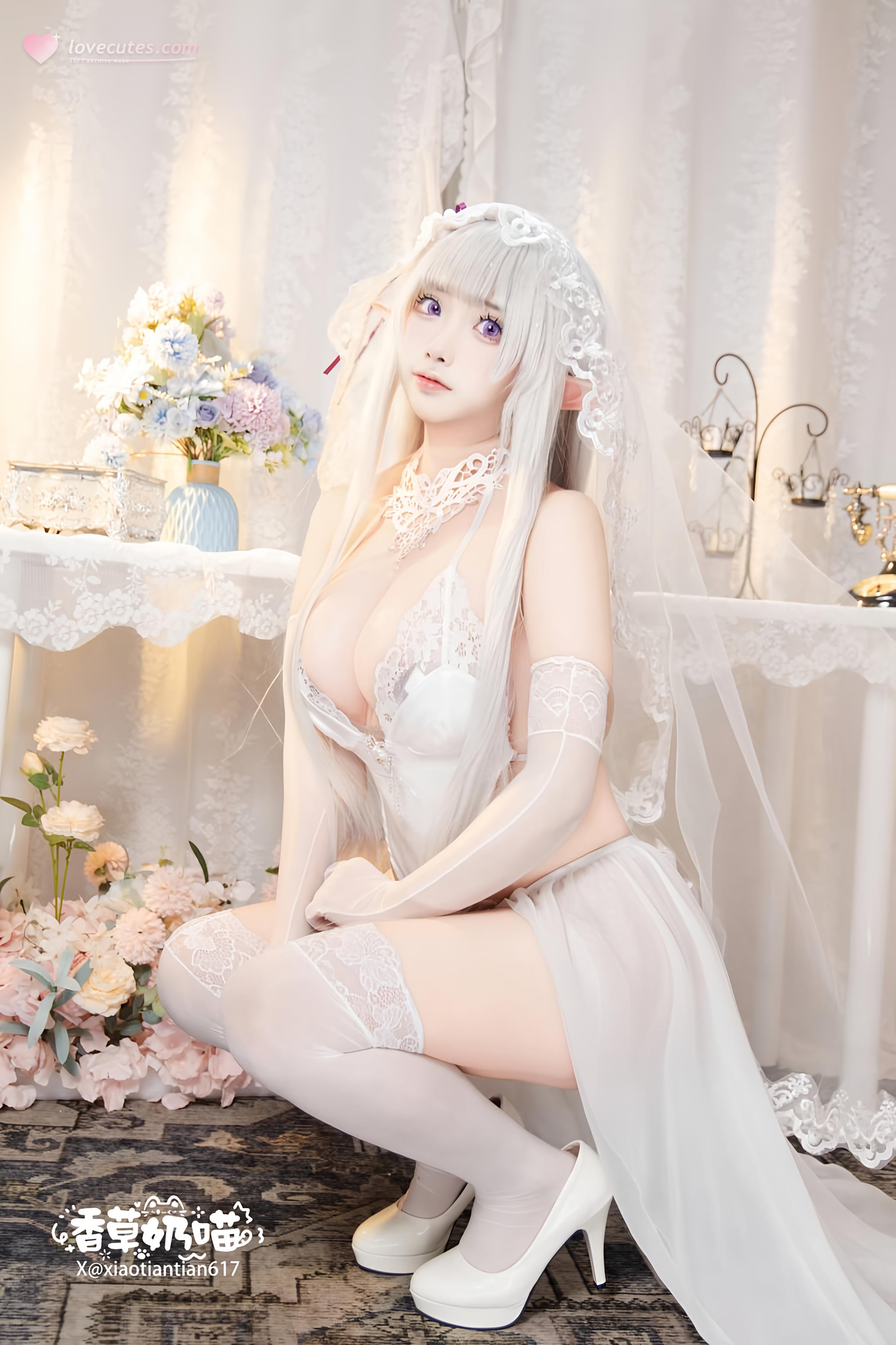 [Cosplay] Vanilla Cat - Re:Zero Starting Life in Another World Emilia Valentine's Day: White-Haired Elf Ear Wedding Dress, Busty White Stockings Recreation 151P