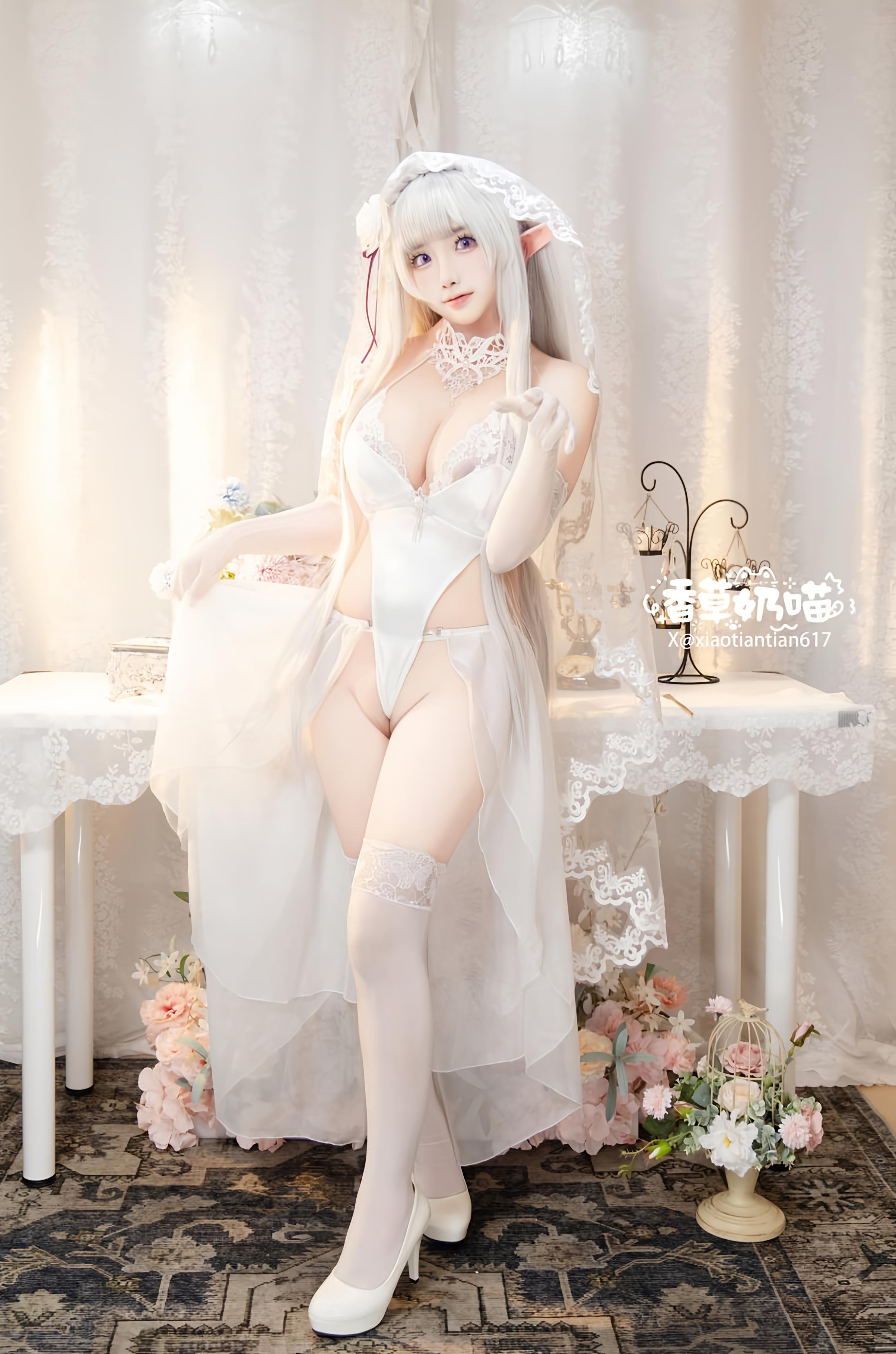 [Cosplay] Vanilla Cat - Re:Zero Starting Life in Another World Emilia Valentine's Day: White-Haired Elf Ear Wedding Dress, Busty White Stockings Recreation 151P