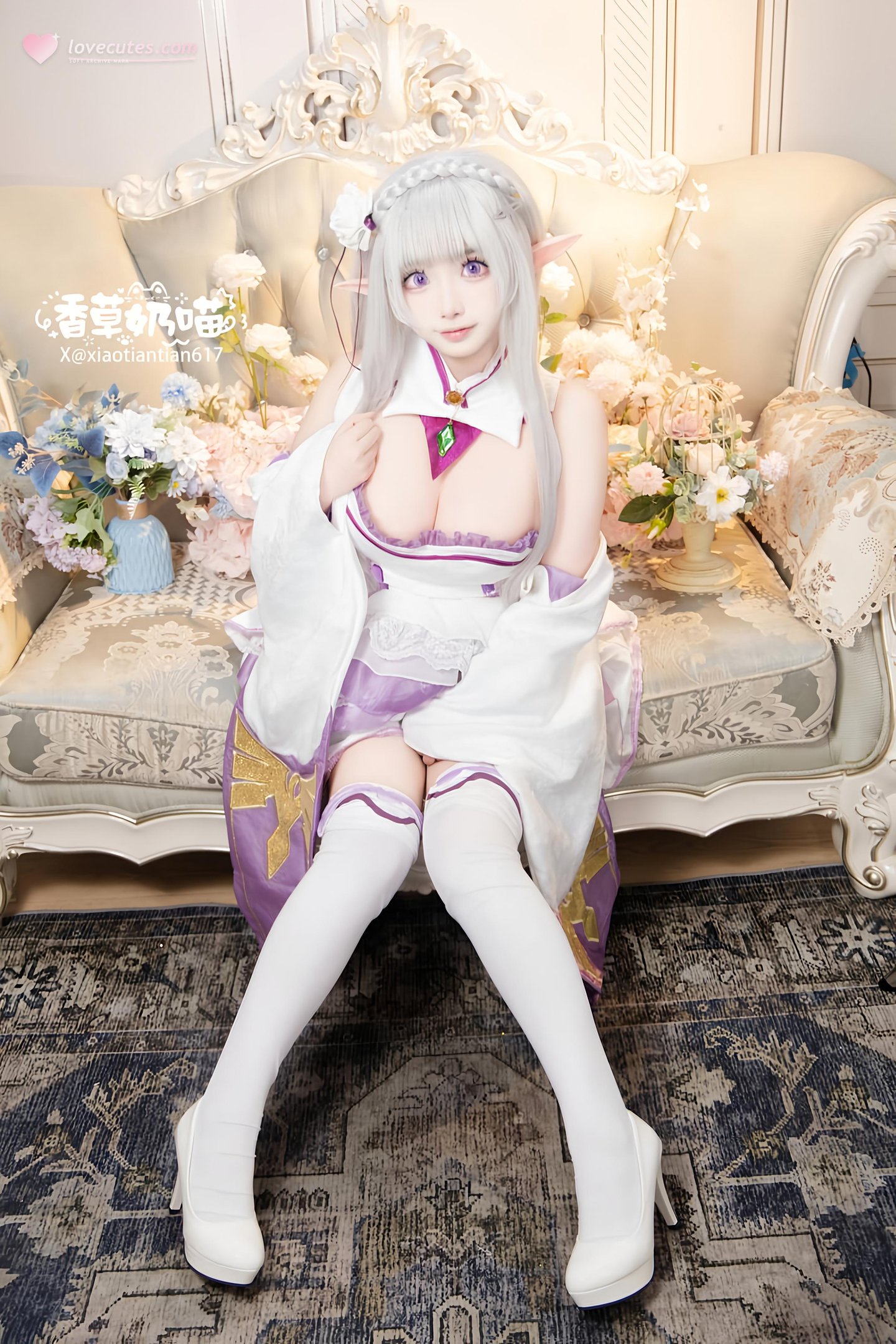 [Cosplay] Vanilla Cat - Re:Zero Starting Life in Another World Emilia Valentine's Day: White-Haired Elf Ear Wedding Dress, Busty White Stockings Recreation 151P