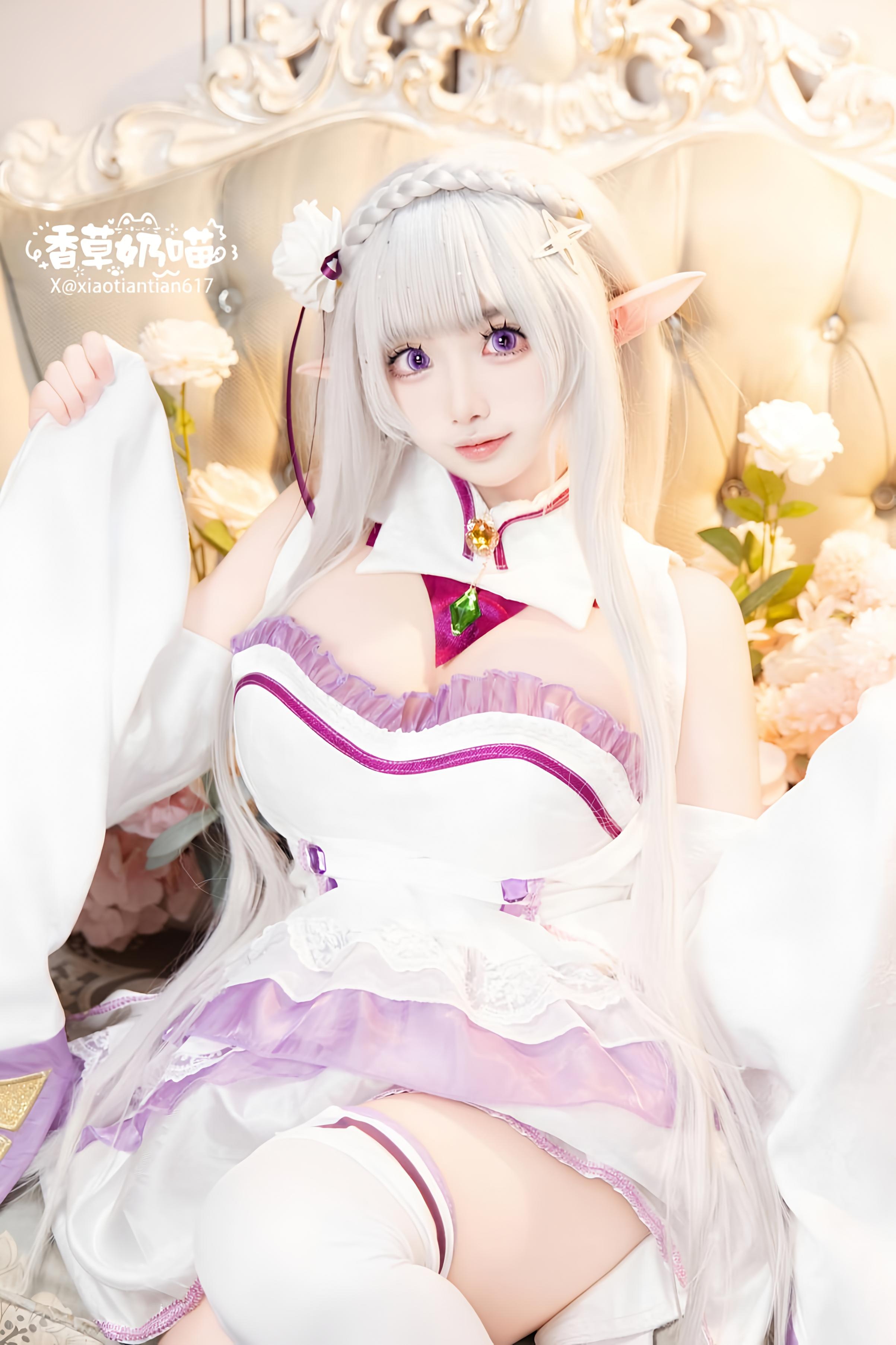[Cosplay] Vanilla Cat - Re:Zero Starting Life in Another World Emilia Valentine's Day: White-Haired Elf Ear Wedding Dress, Busty White Stockings Recreation 151P
