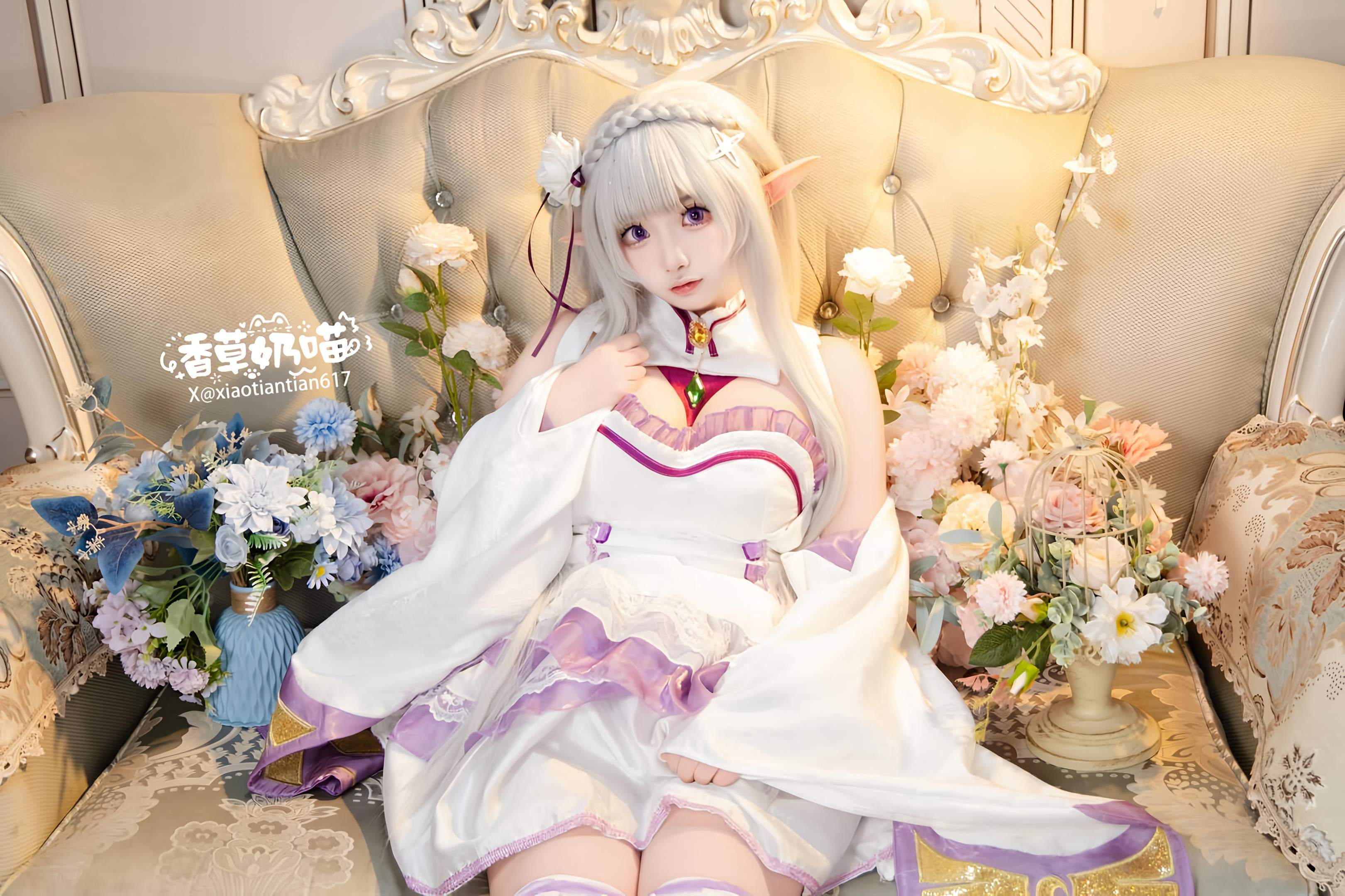 [Cosplay] Vanilla Cat - Re:Zero Starting Life in Another World Emilia Valentine's Day: White-Haired Elf Ear Wedding Dress, Busty White Stockings Recreation 151P