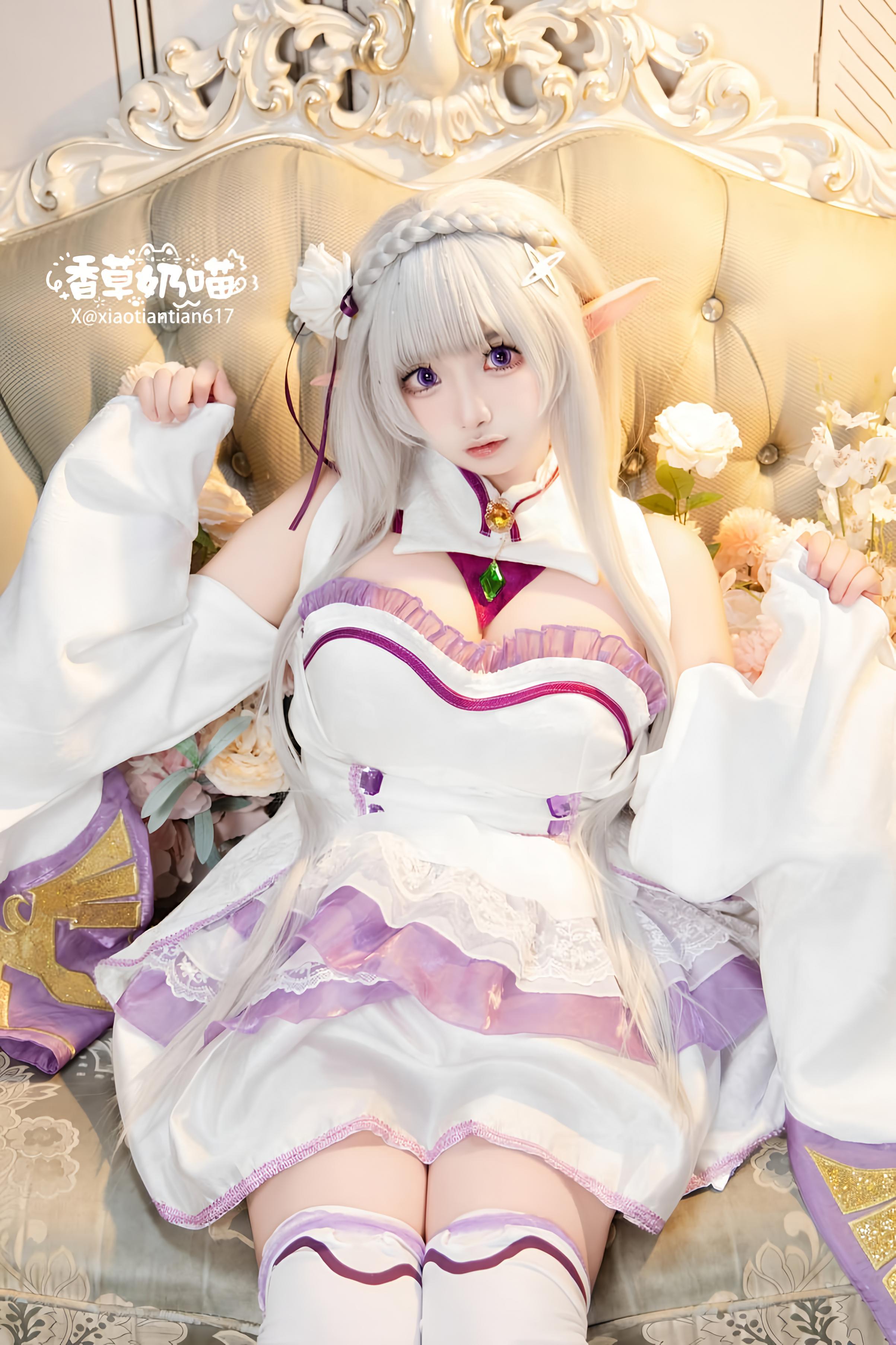 [Cosplay] Vanilla Cat - Re:Zero Starting Life in Another World Emilia Valentine's Day: White-Haired Elf Ear Wedding Dress, Busty White Stockings Recreation 151P