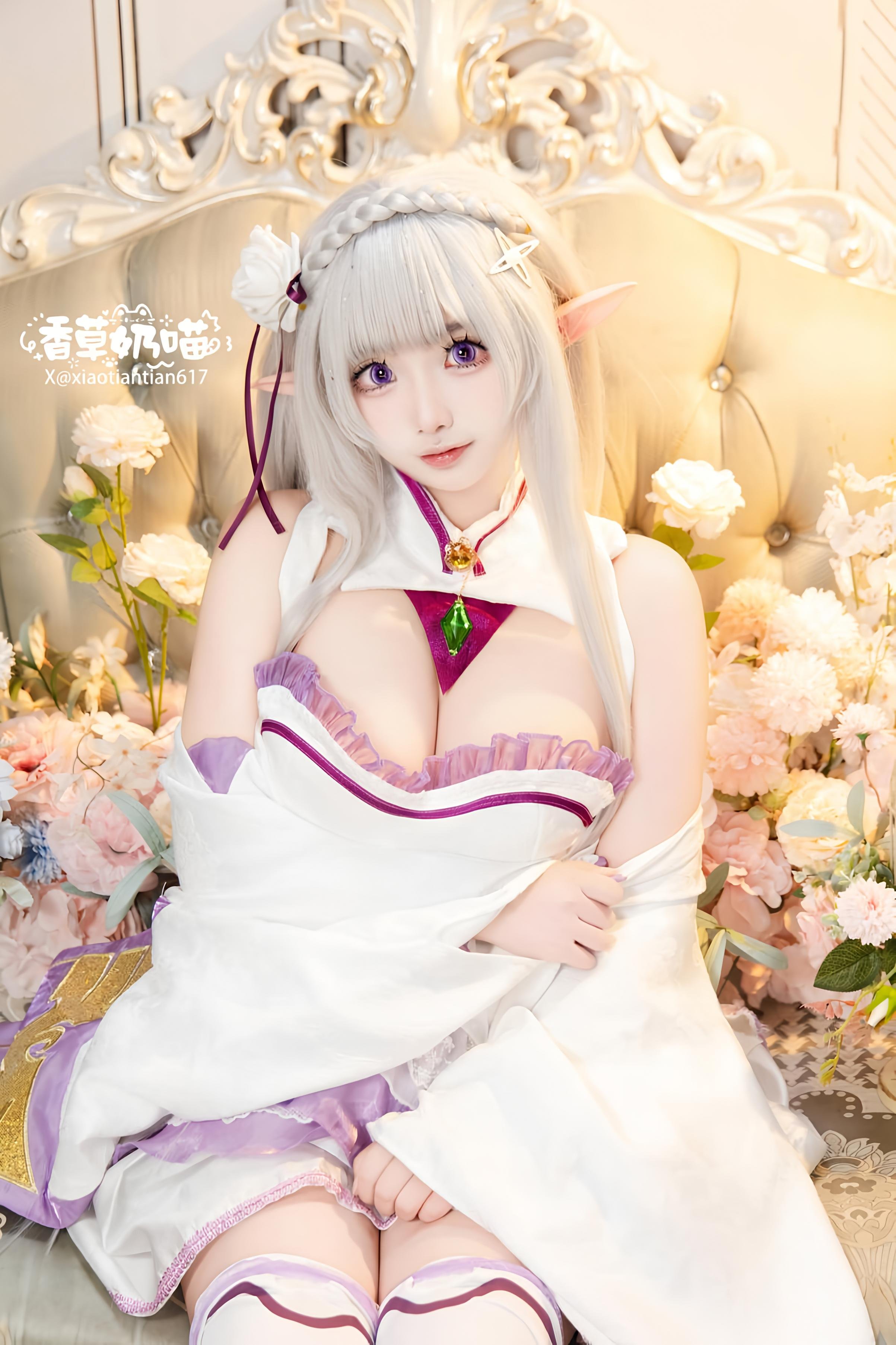 [Cosplay] Vanilla Cat - Re:Zero Starting Life in Another World Emilia Valentine's Day: White-Haired Elf Ear Wedding Dress, Busty White Stockings Recreation 151P
