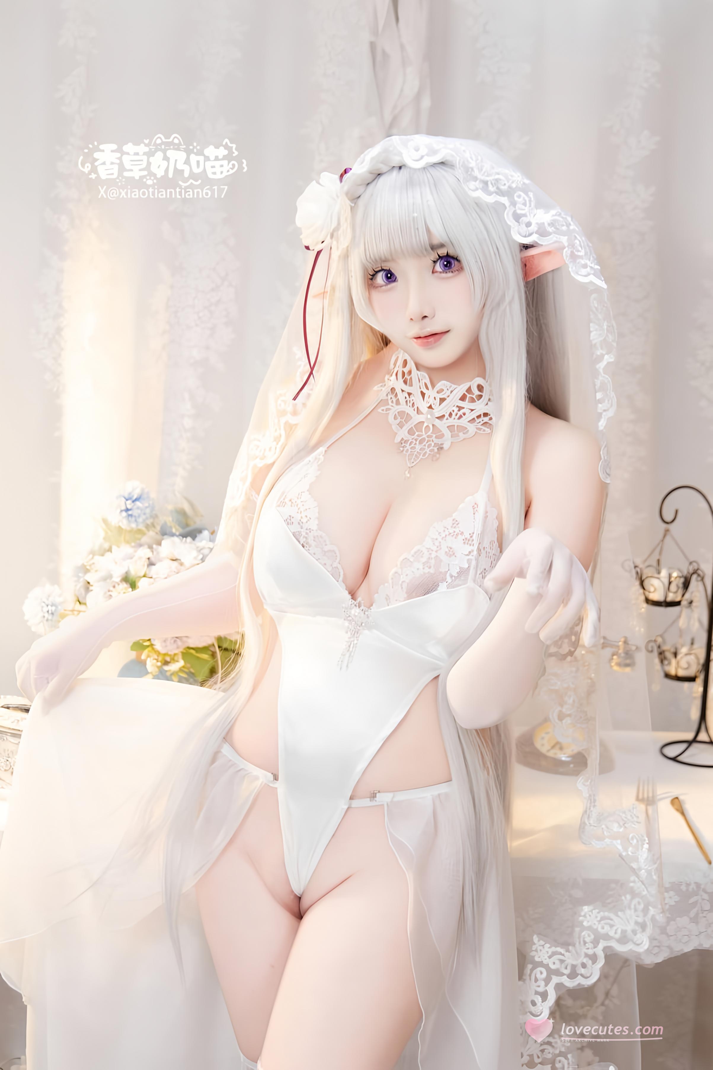 [Cosplay] Vanilla Cat - Re:Zero Starting Life in Another World Emilia Valentine's Day: White-Haired Elf Ear Wedding Dress, Busty White Stockings Recreation 151P
