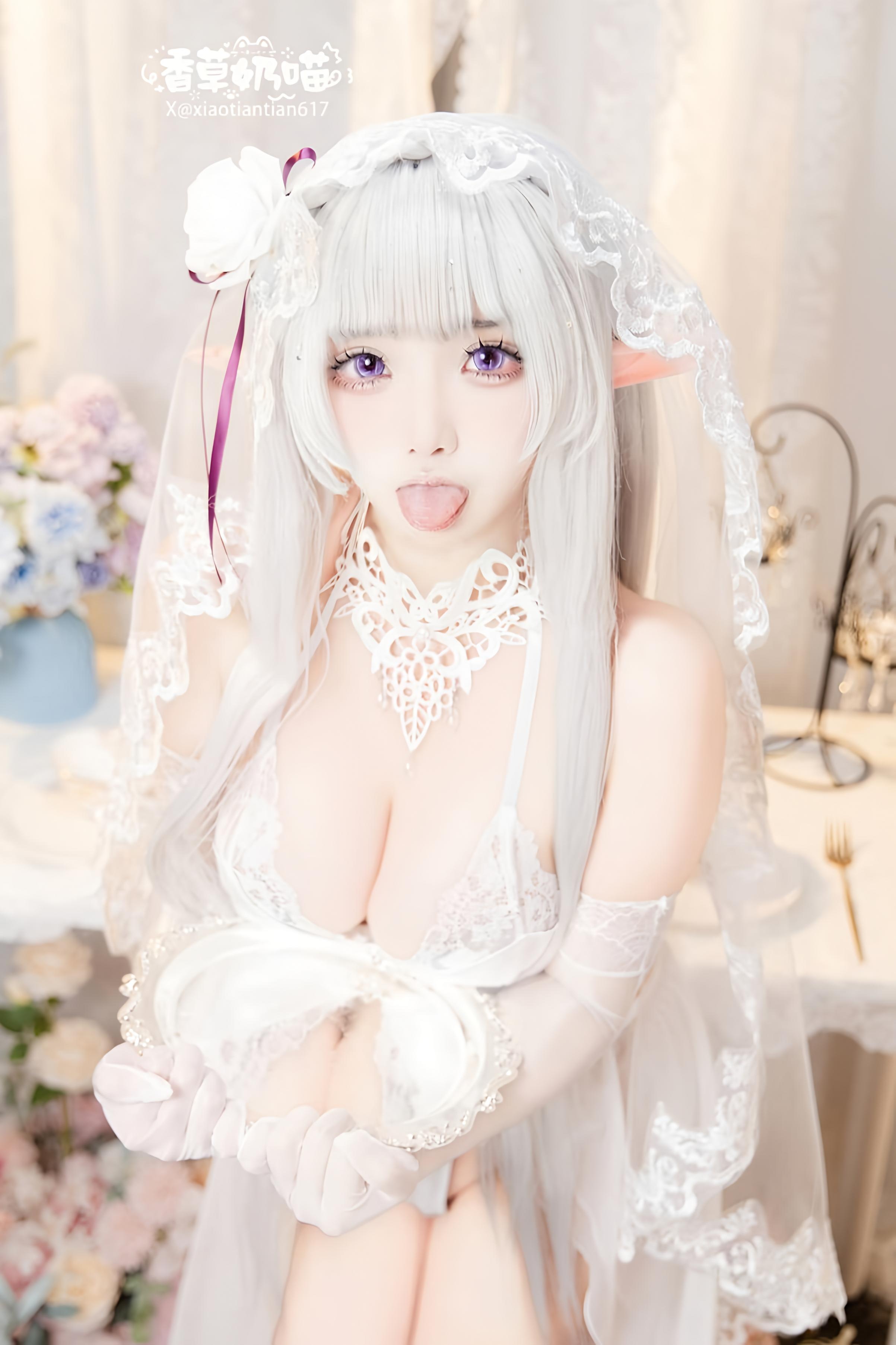 [Cosplay] Vanilla Cat - Re:Zero Starting Life in Another World Emilia Valentine's Day: White-Haired Elf Ear Wedding Dress, Busty White Stockings Recreation 151P