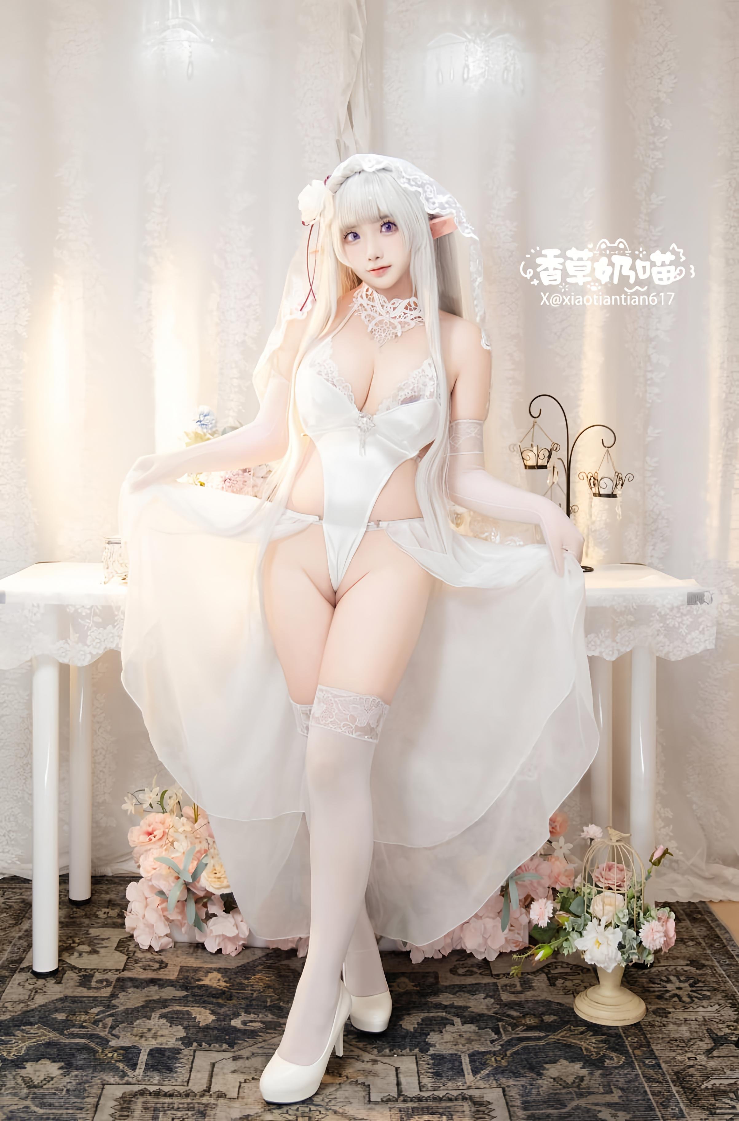 [Cosplay] Vanilla Cat - Re:Zero Starting Life in Another World Emilia Valentine's Day: White-Haired Elf Ear Wedding Dress, Busty White Stockings Recreation 151P