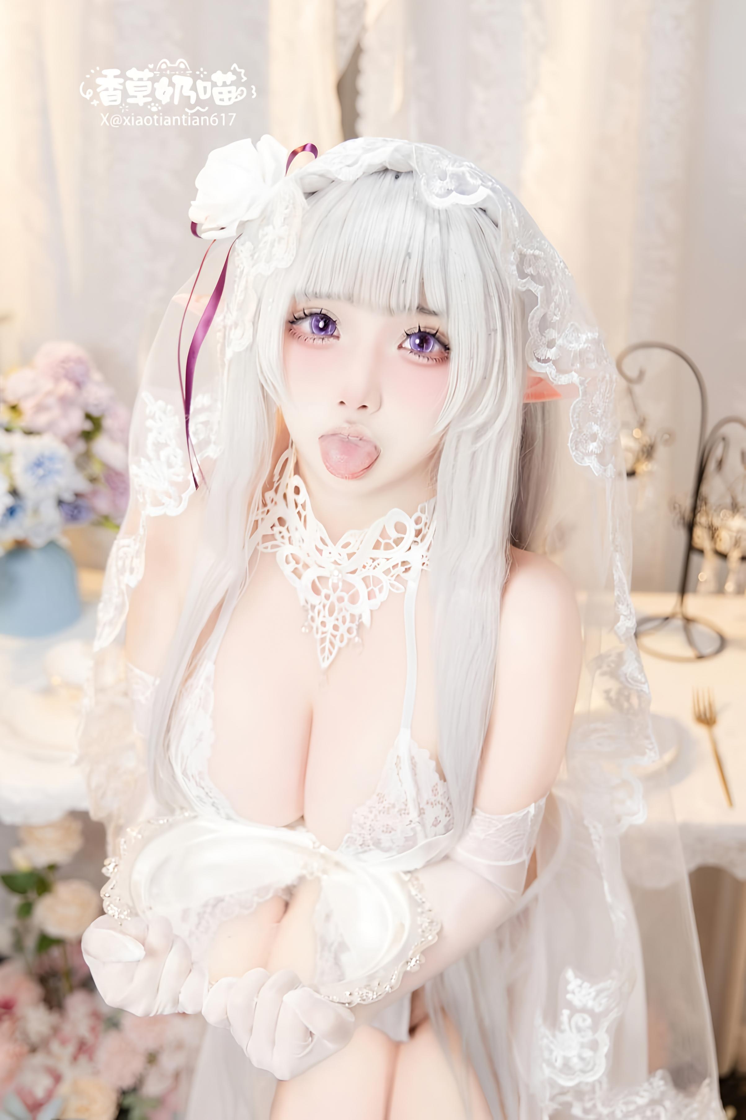 [Cosplay] Vanilla Cat - Re:Zero Starting Life in Another World Emilia Valentine's Day: White-Haired Elf Ear Wedding Dress, Busty White Stockings Recreation 151P