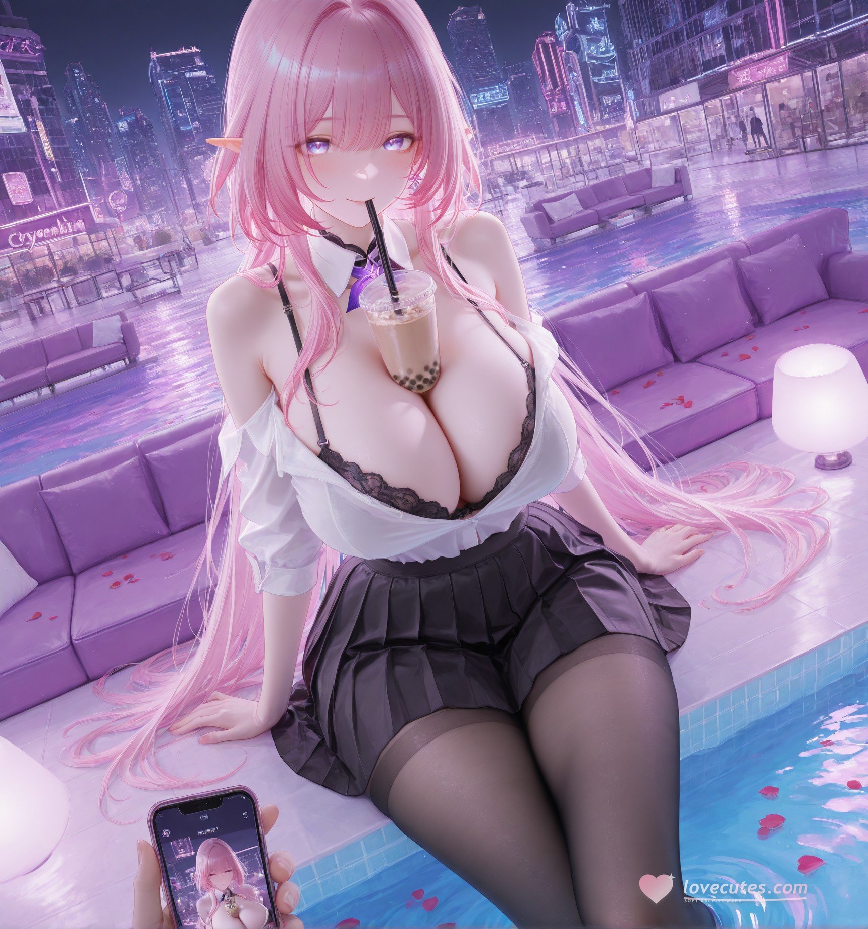 Cô Gái Anime Tạo Ra Bằng AI - 崩坏 昔涟: Tóc Hồng, Đồng Phục, Ngực Khủng, Hồ Bơi, Hổ Trắng 130P
