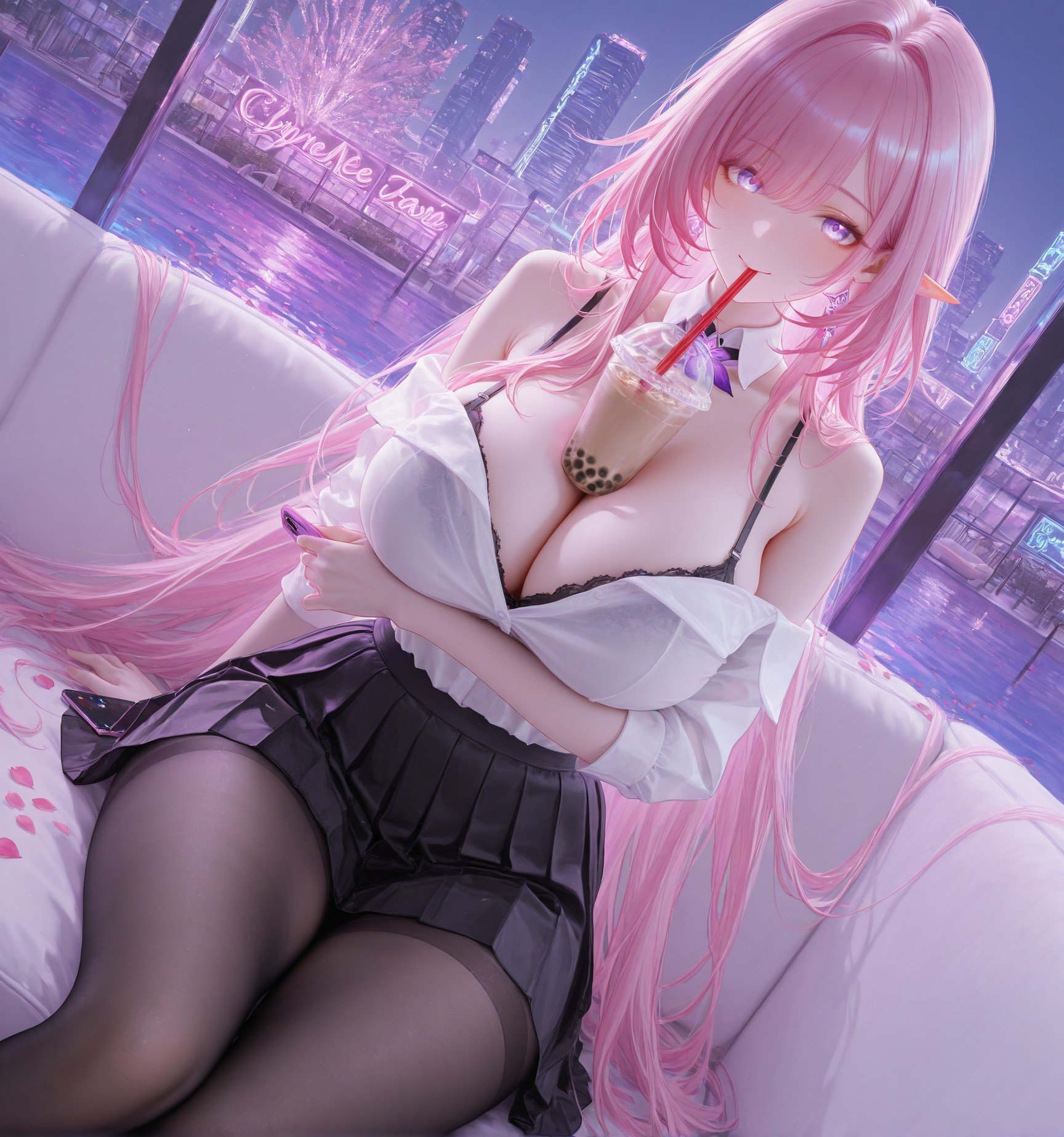 Cô Gái Anime Tạo Ra Bằng AI - 崩坏 昔涟: Tóc Hồng, Đồng Phục, Ngực Khủng, Hồ Bơi, Hổ Trắng 130P