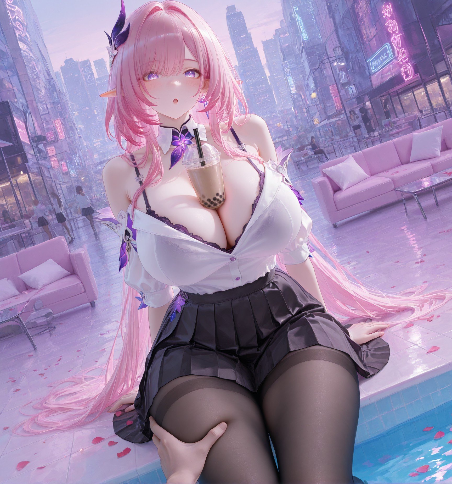 Cô Gái Anime Tạo Ra Bằng AI - 崩坏 昔涟: Tóc Hồng, Đồng Phục, Ngực Khủng, Hồ Bơi, Hổ Trắng 130P