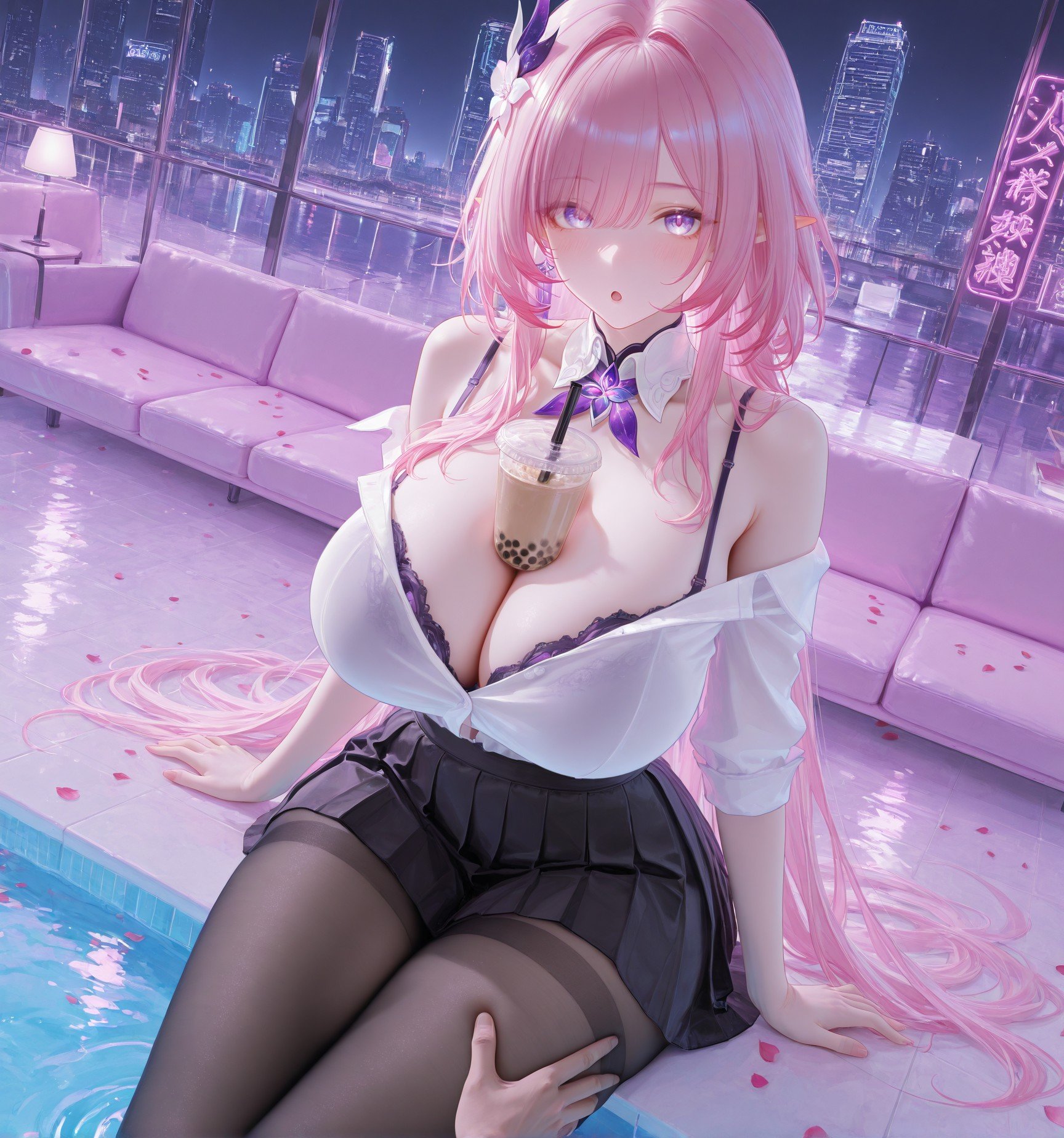 Cô Gái Anime Tạo Ra Bằng AI - 崩坏 昔涟: Tóc Hồng, Đồng Phục, Ngực Khủng, Hồ Bơi, Hổ Trắng 130P