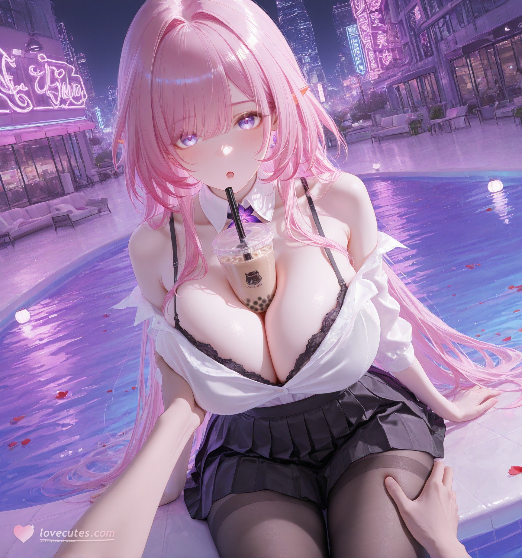 Cô Gái Anime Tạo Ra Bằng AI - 崩坏 昔涟: Tóc Hồng, Đồng Phục, Ngực Khủng, Hồ Bơi, Hổ Trắng 130P