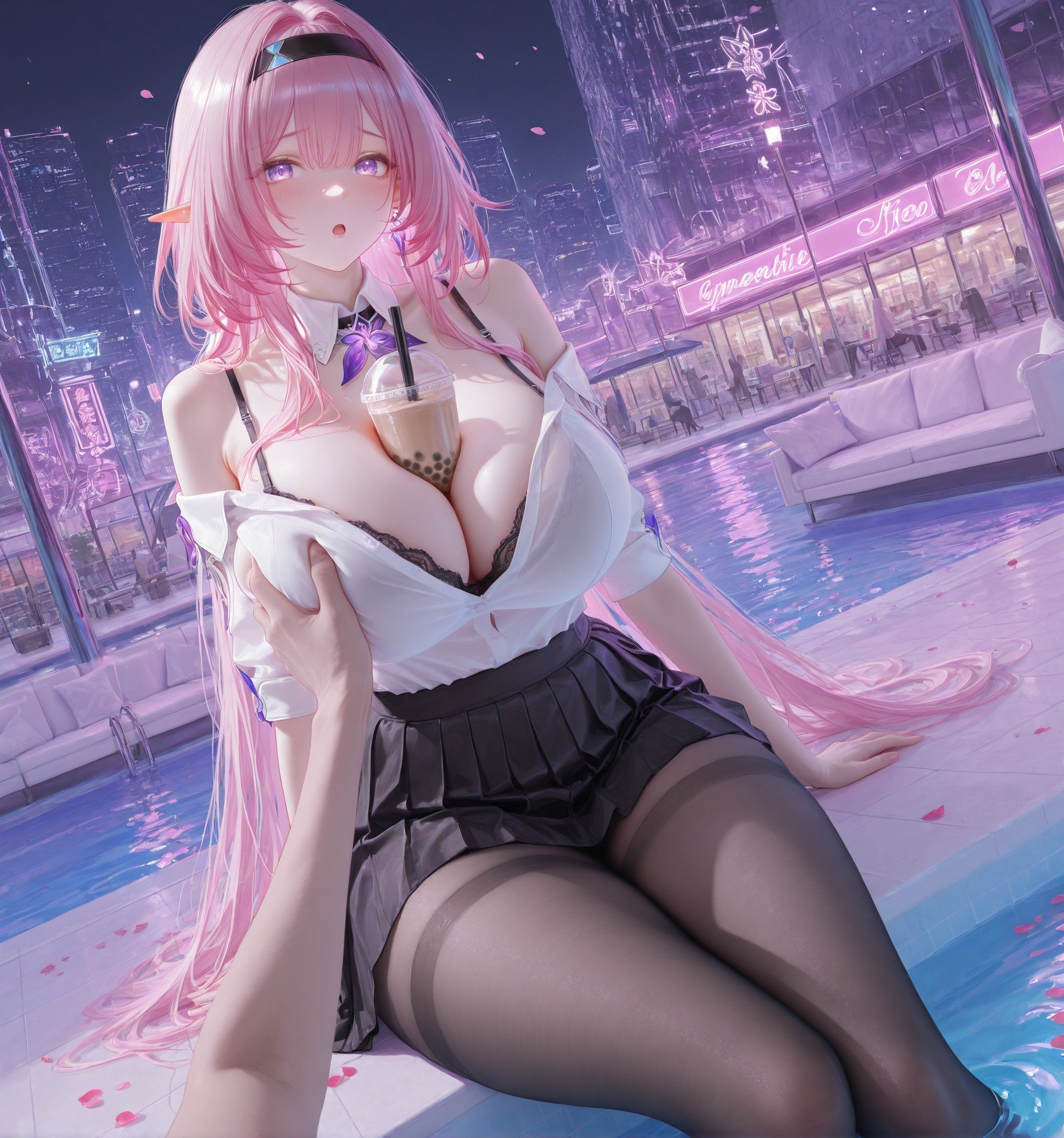 AI生成アニメ少女 - 崩坏 昔涟：粉髪制服巨乳露点 泳池白虎交合 130P