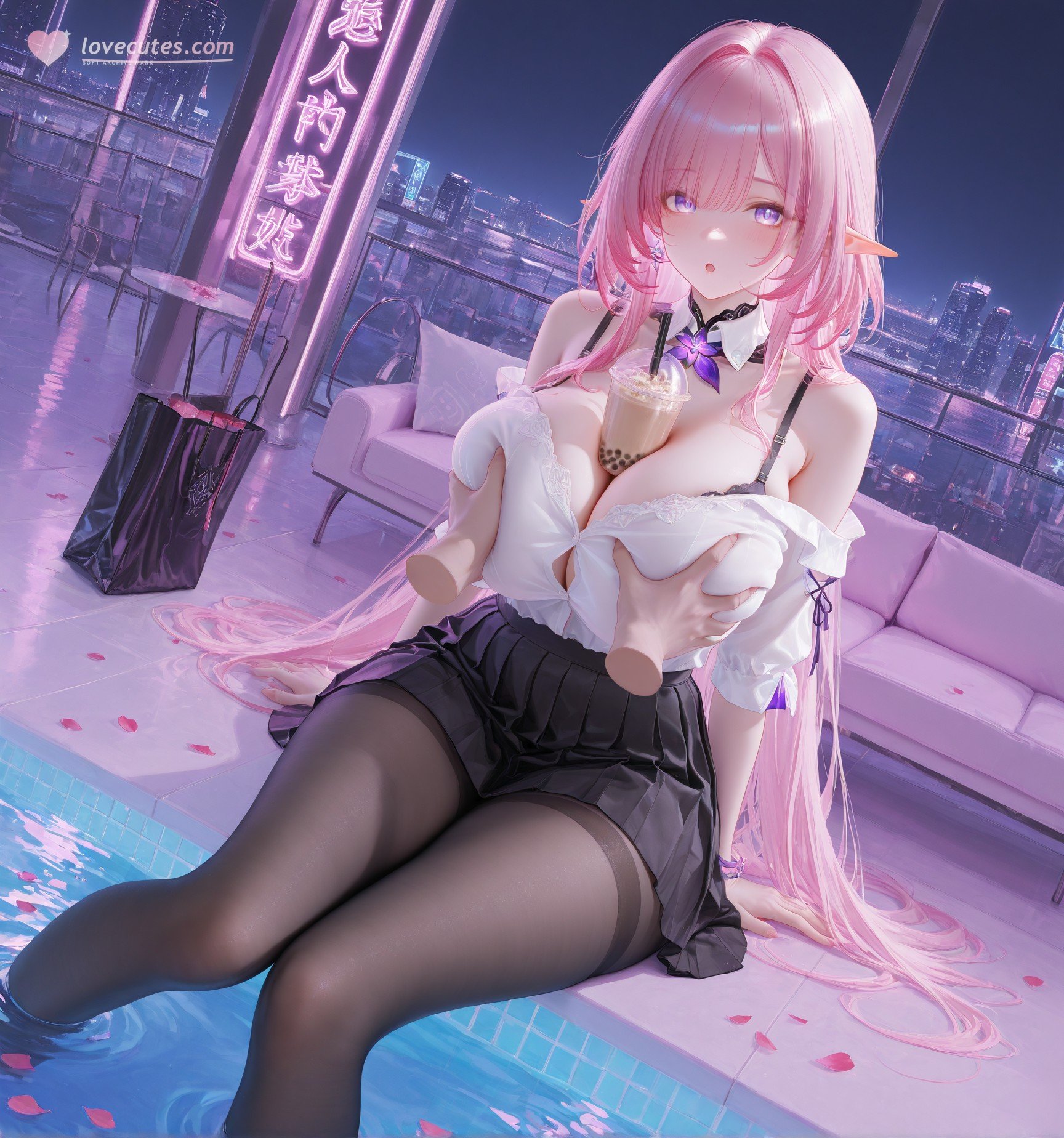AI生成アニメ少女 - 崩坏 昔涟：粉髪制服巨乳露点 泳池白虎交合 130P