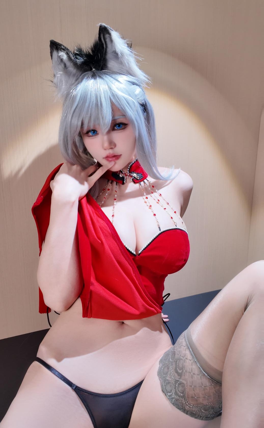 [Private] Chiyo Ogura w - Beast Ear Red Velvet Cheongsam: Gray Stockings, Huge Breasts, Exposed Butt Private Collection 44P