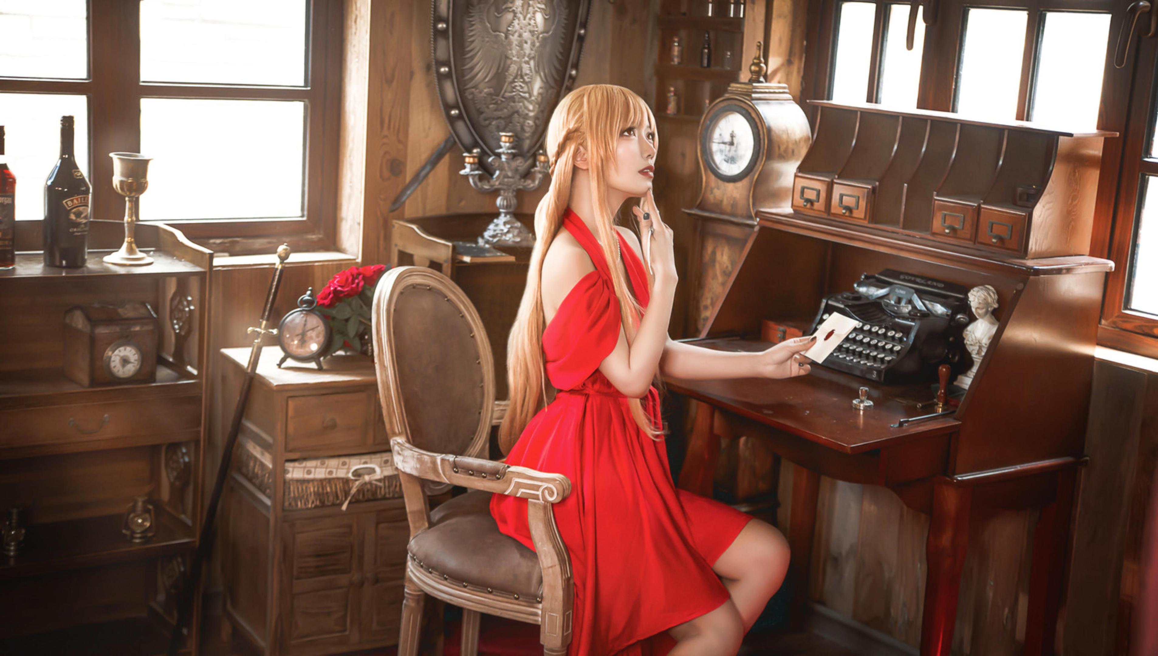 【Cosplay】切切Celia - 刀劍神域亞絲娜禮服：紅裙長髮美腿，優雅還原28P