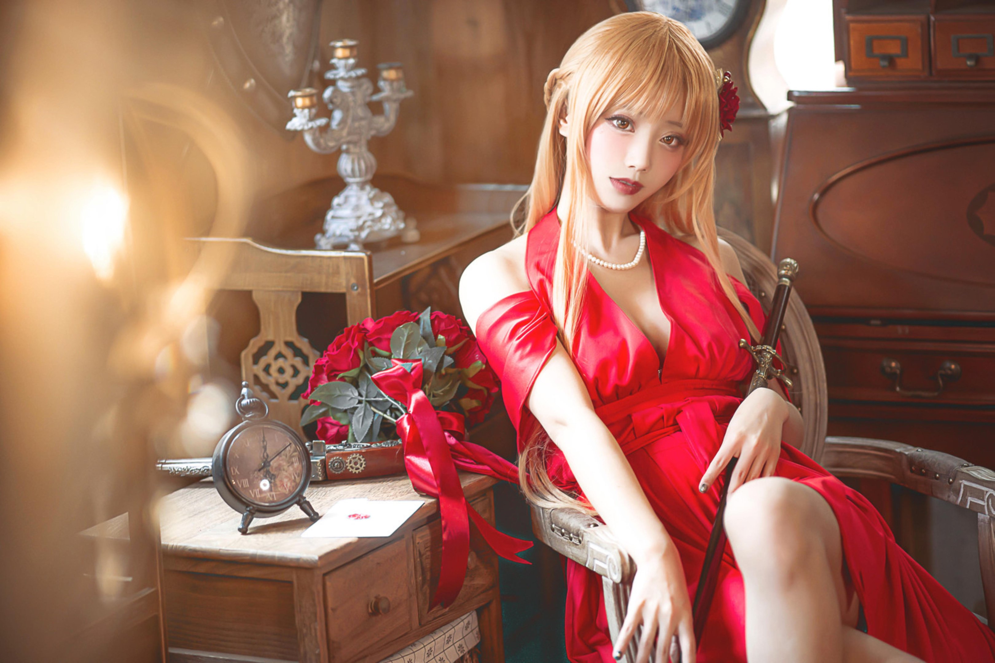 【Cosplay】切切Celia - 刀劍神域亞絲娜禮服：紅裙長髮美腿，優雅還原28P