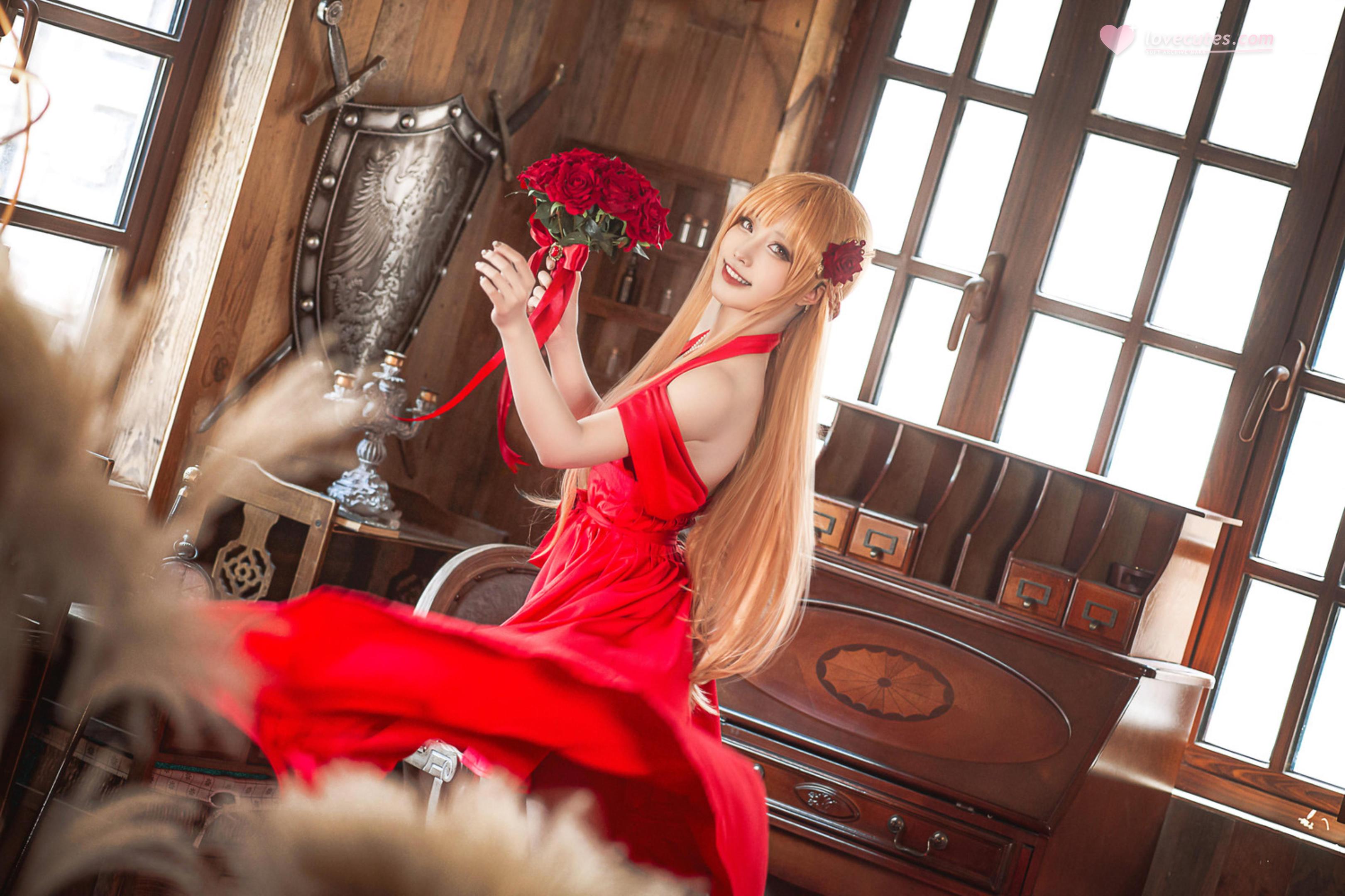 【Cosplay】切切Celia - 刀劍神域亞絲娜禮服：紅裙長髮美腿，優雅還原28P