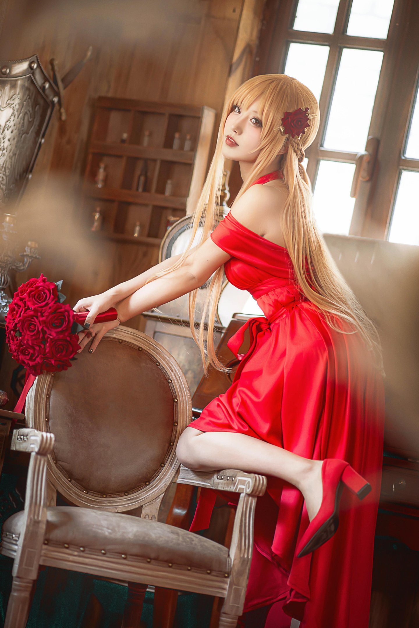 【Cosplay】切切Celia - 刀劍神域亞絲娜禮服：紅裙長髮美腿，優雅還原28P