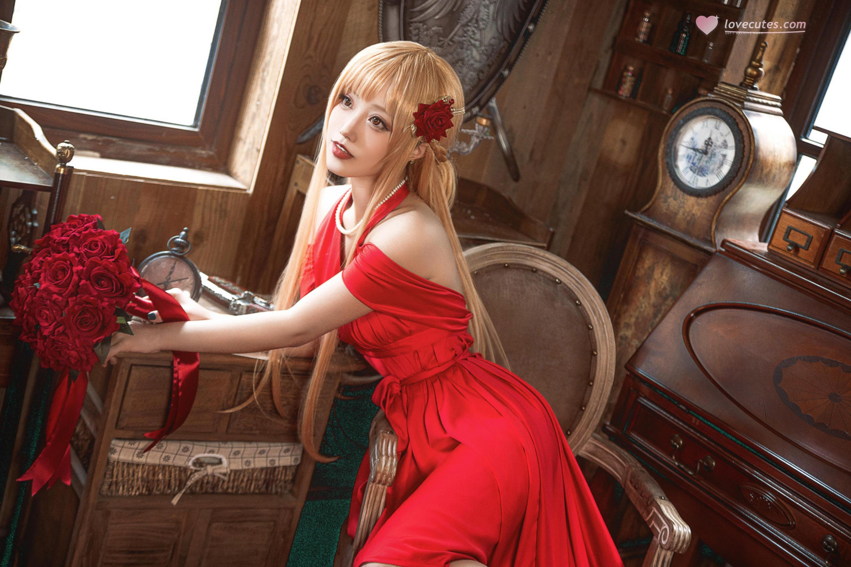 【Cosplay】切切Celia - 刀劍神域亞絲娜禮服：紅裙長髮美腿，優雅還原28P