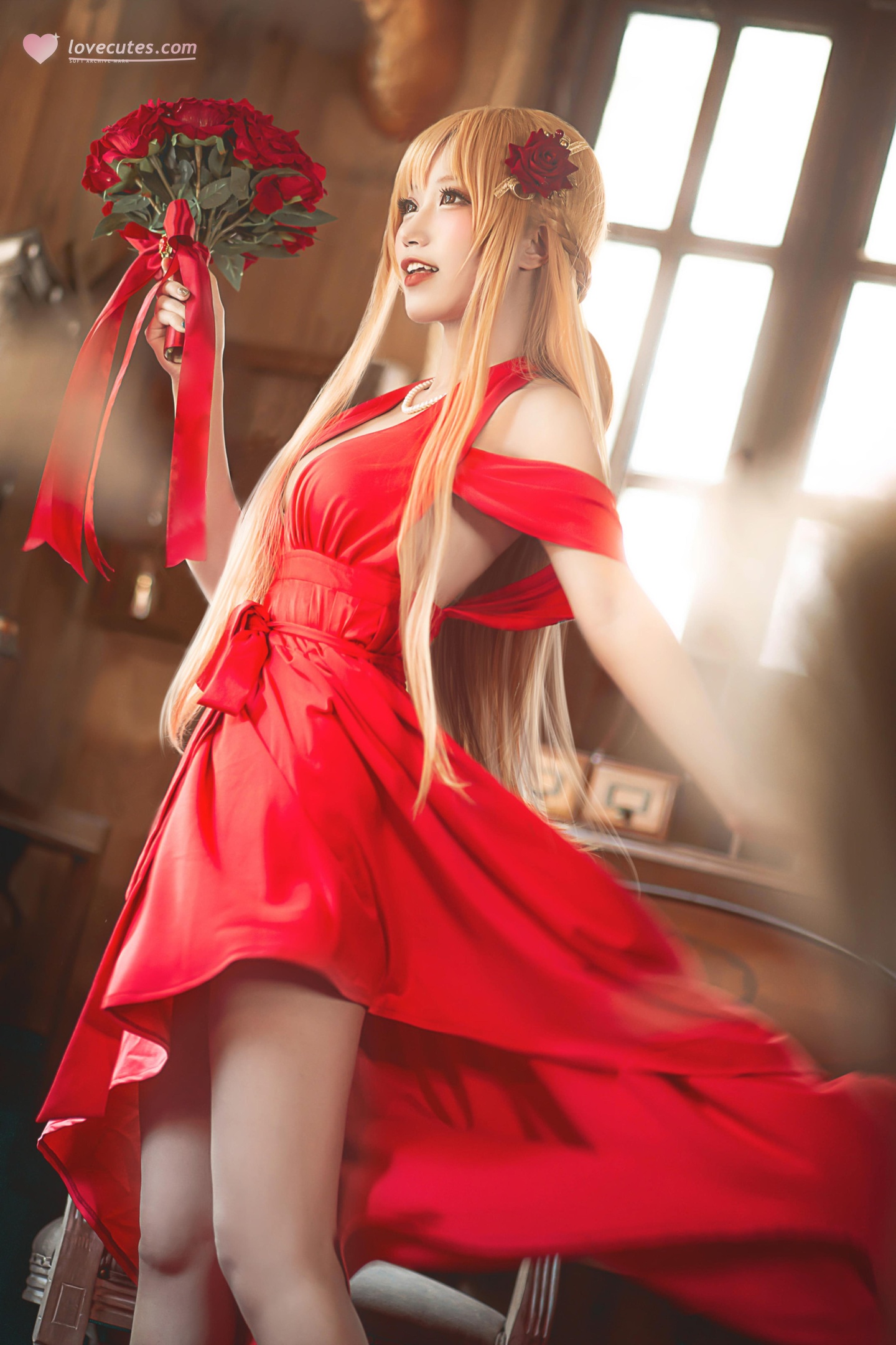 [Cosplay] C切切celia - Sword Art Online Asuna in a Dress: Elegant Red Dress, Long Hair, Beautiful Legs, 28P