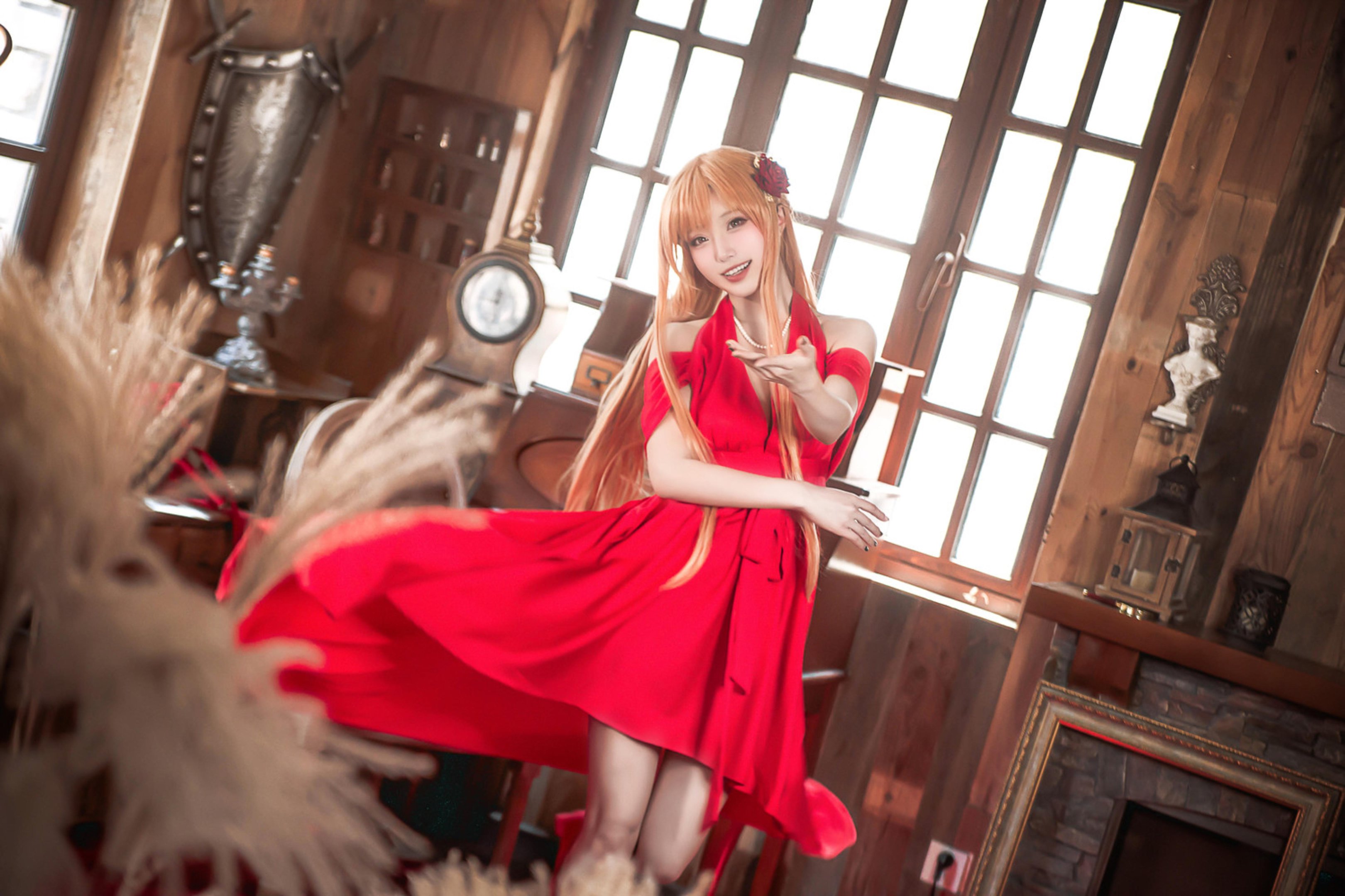 [Cosplay] C切切celia - Sword Art Online Asuna in a Dress: Elegant Red Dress, Long Hair, Beautiful Legs, 28P