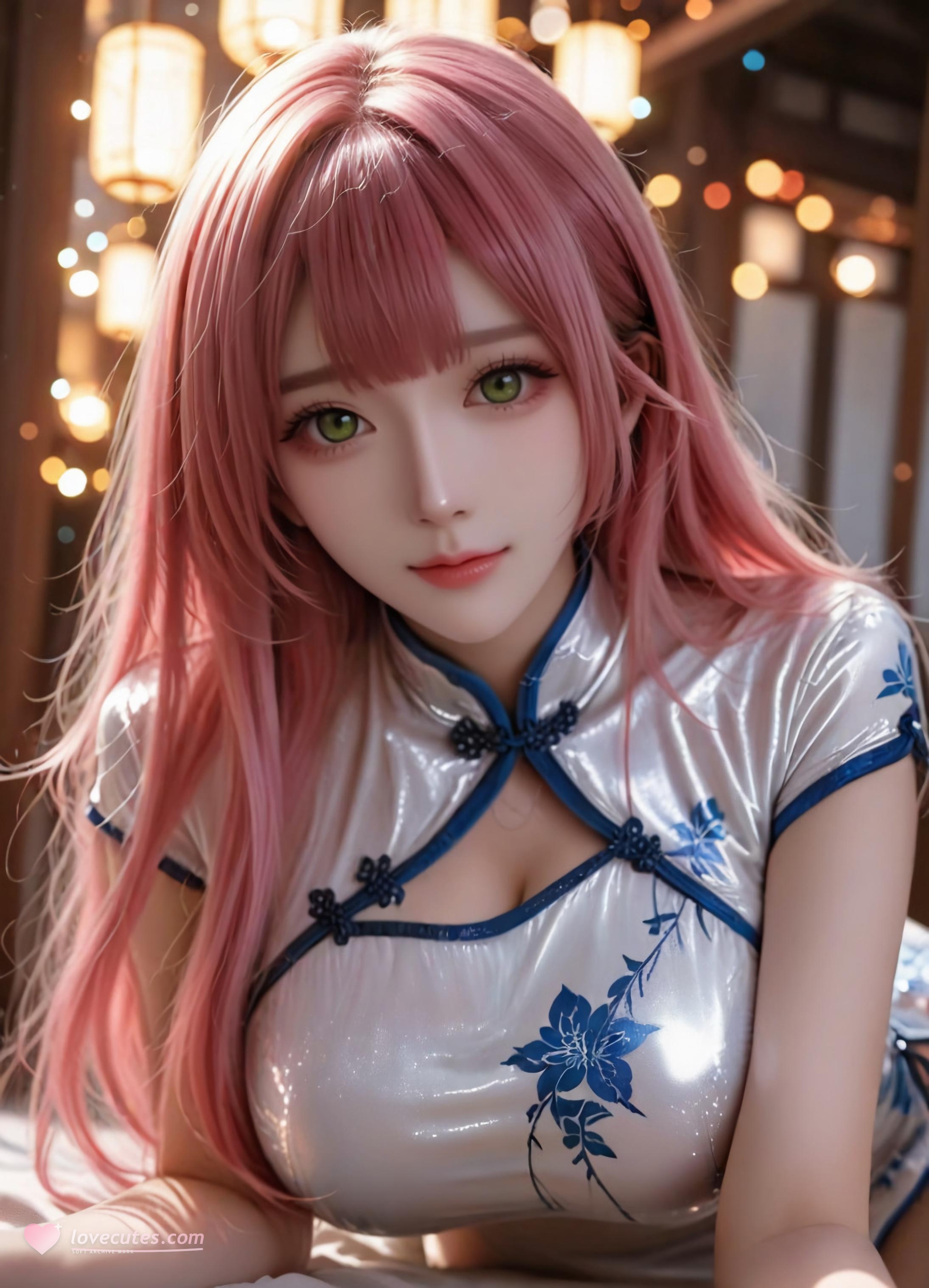 AI Generated Anime Girl - Fang Qiong: Silver Cheongsam with Curvy Figure and Oral Props 123P