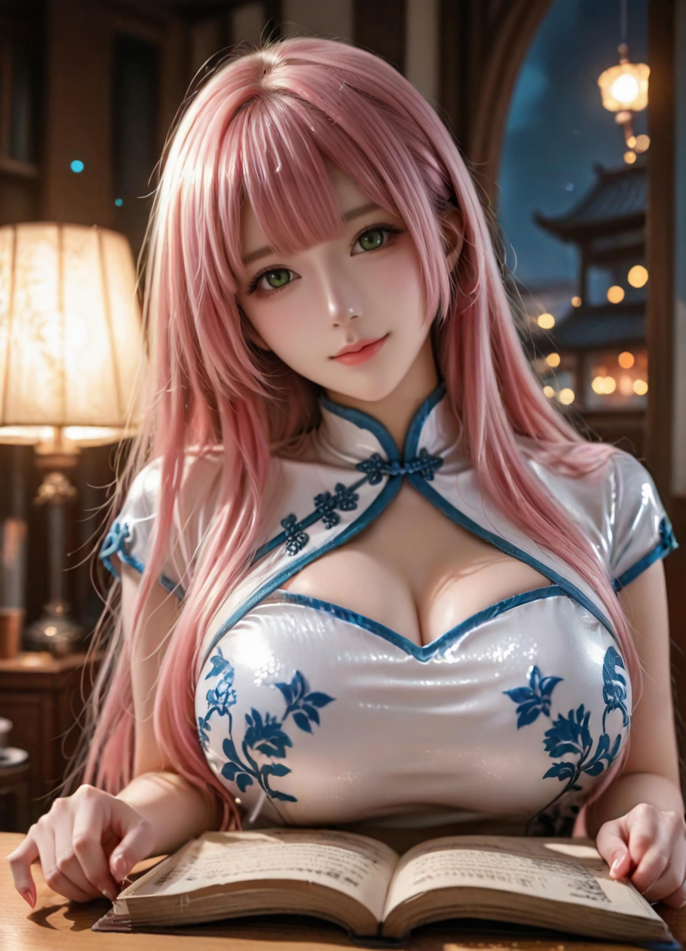 Cô Gái Anime Tạo Bởi AI - 方琼: Áo Dài Bạc Trắng, Ngực Khủng, Đồ Chơi Oral 123P