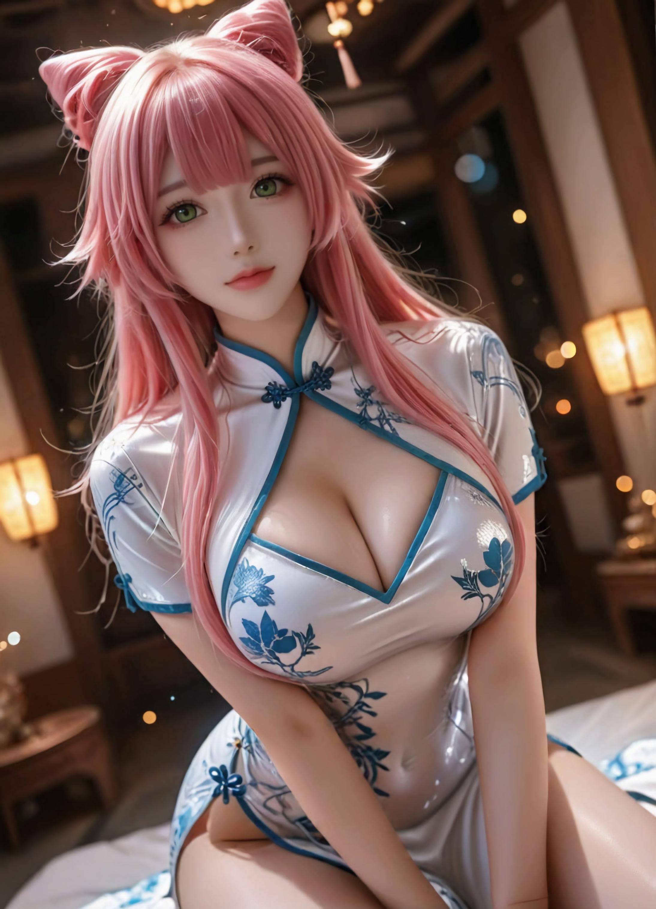 Cô Gái Anime Tạo Bởi AI - 方琼: Áo Dài Bạc Trắng, Ngực Khủng, Đồ Chơi Oral 123P