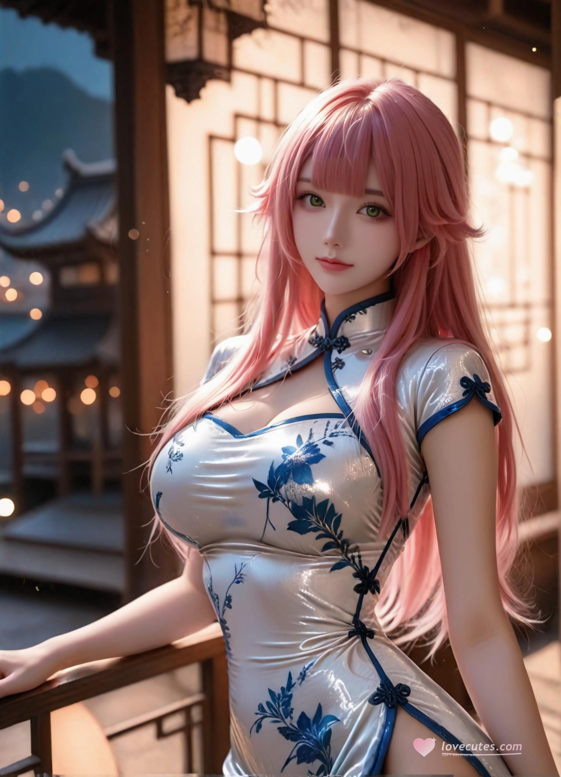 Cô Gái Anime Tạo Bởi AI - 方琼: Áo Dài Bạc Trắng, Ngực Khủng, Đồ Chơi Oral 123P