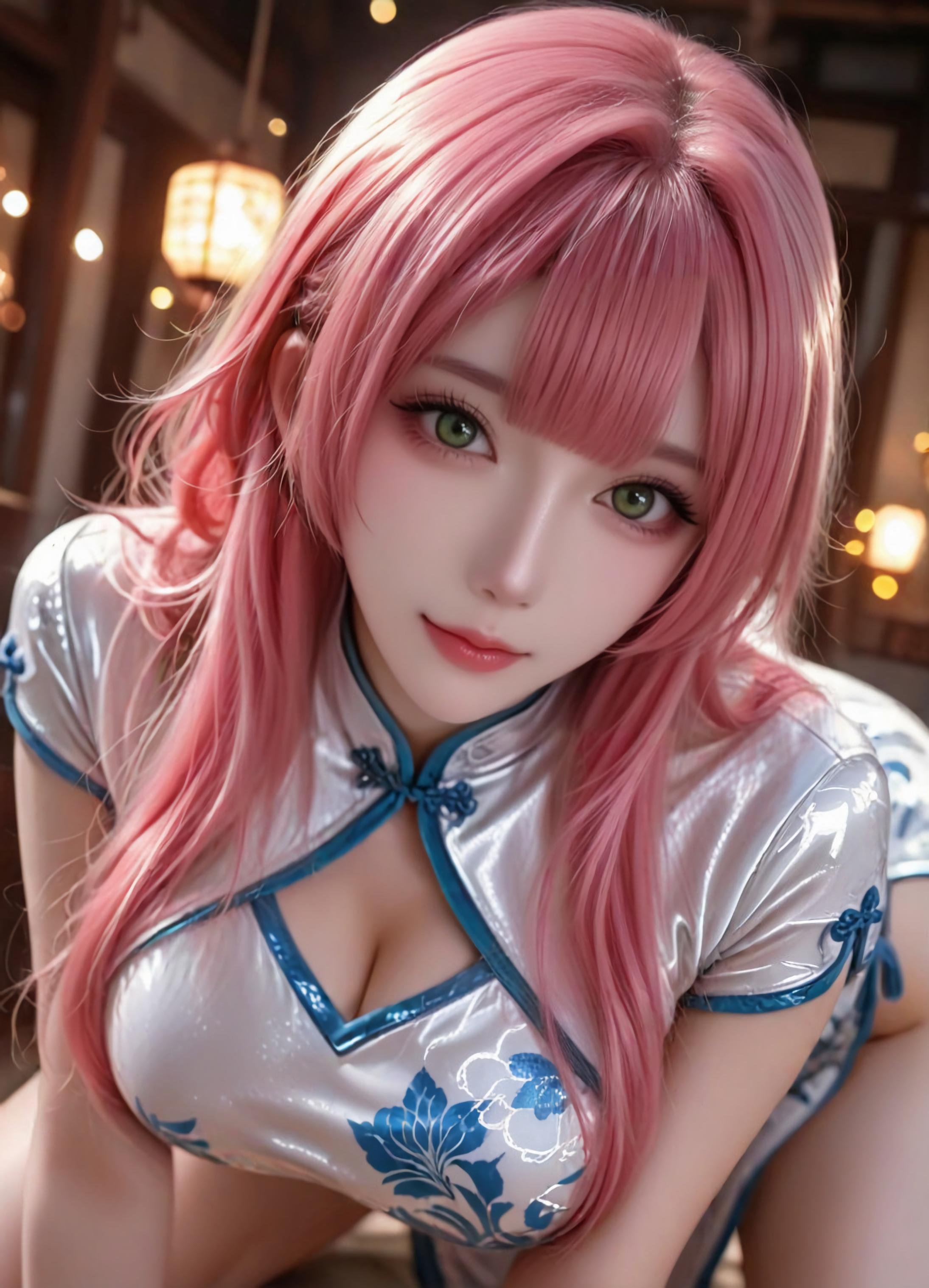 Cô Gái Anime Tạo Bởi AI - 方琼: Áo Dài Bạc Trắng, Ngực Khủng, Đồ Chơi Oral 123P