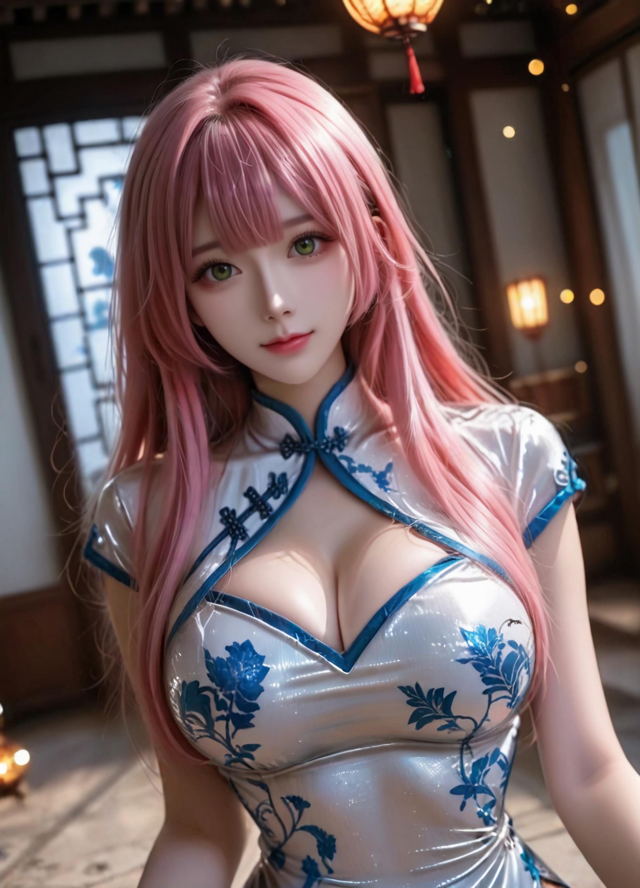 Cô Gái Anime Tạo Bởi AI - 方琼: Áo Dài Bạc Trắng, Ngực Khủng, Đồ Chơi Oral 123P