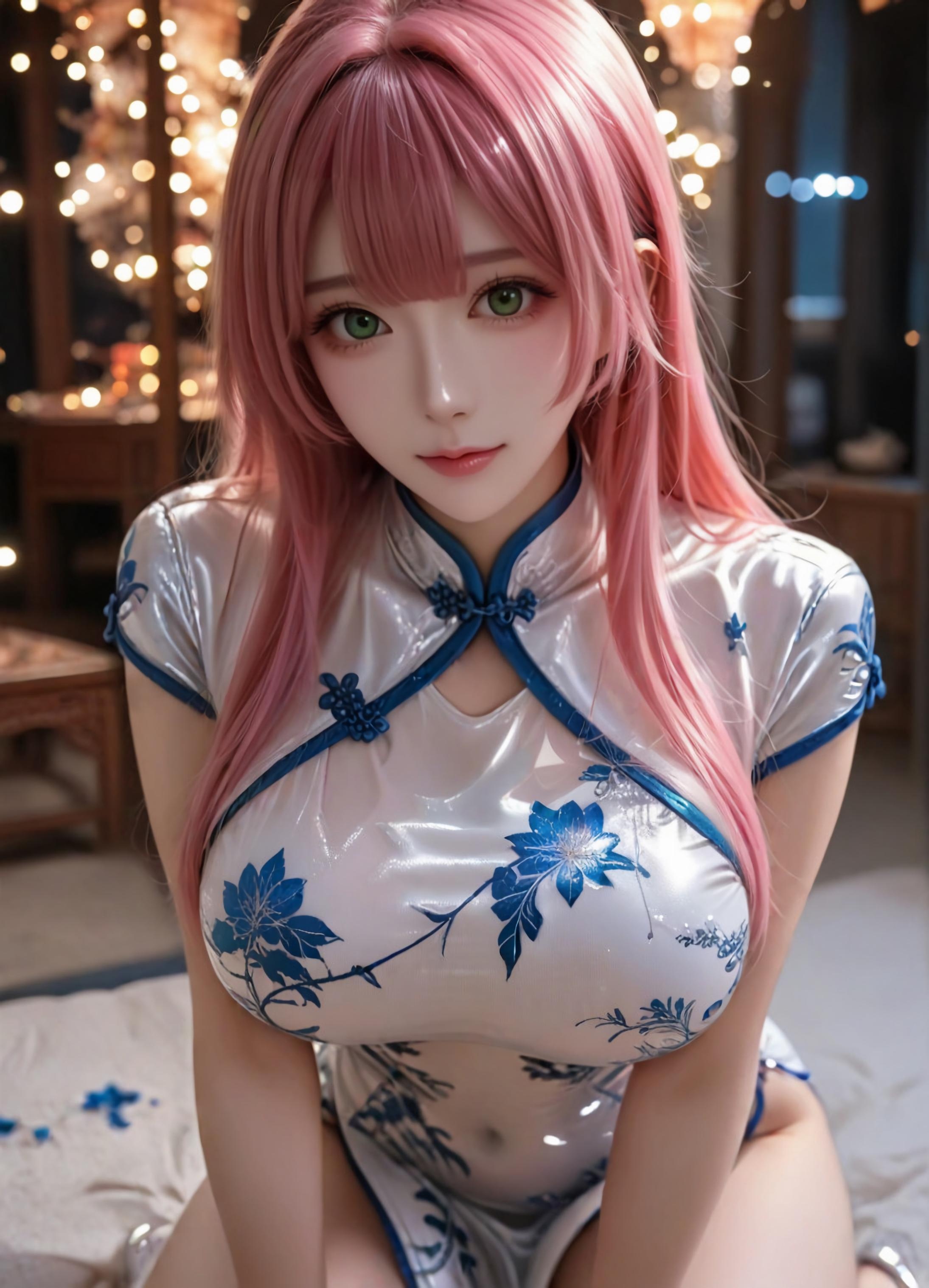 Cô Gái Anime Tạo Bởi AI - 方琼: Áo Dài Bạc Trắng, Ngực Khủng, Đồ Chơi Oral 123P