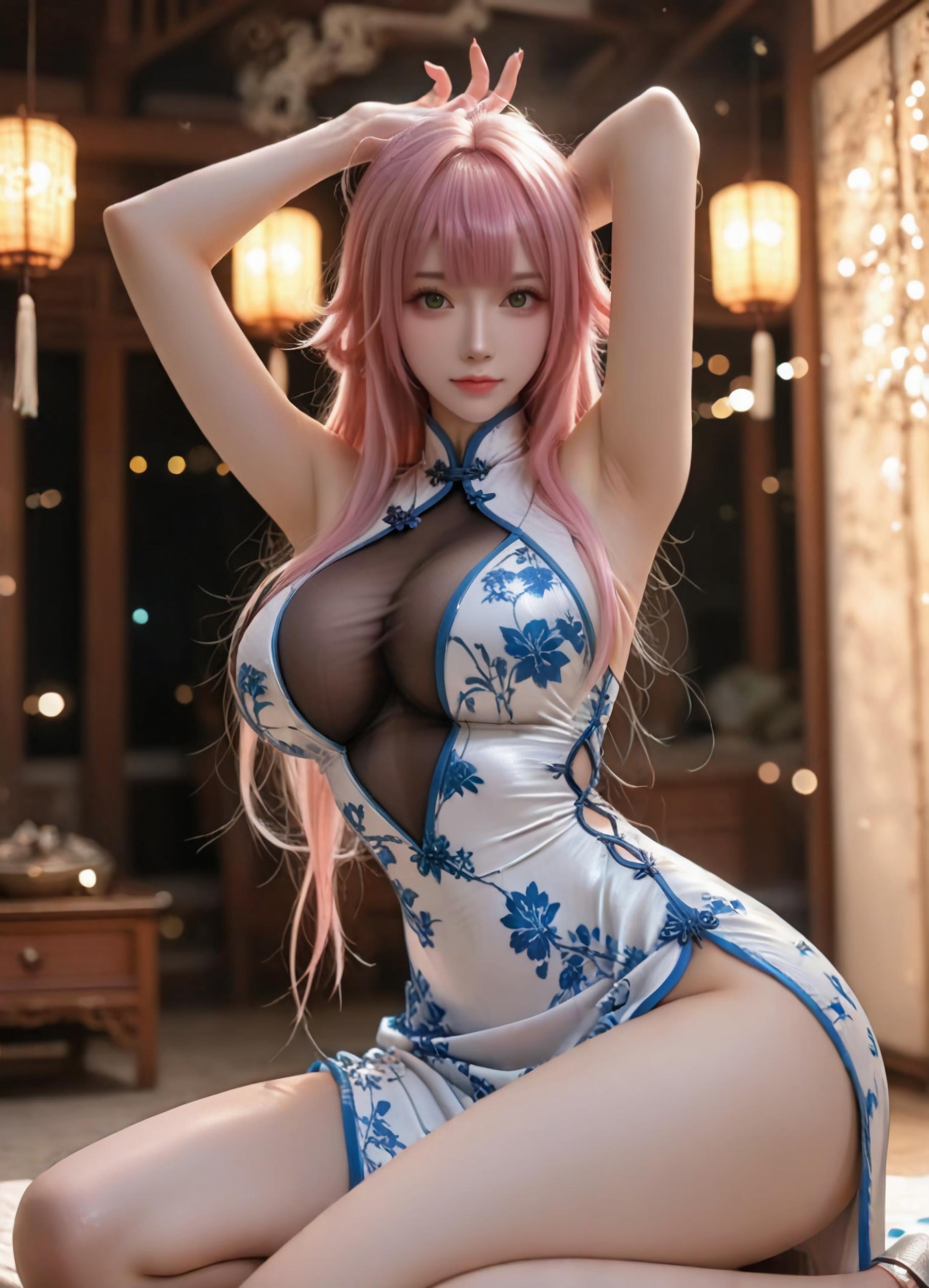 AI สร้างสาวอนิเมะ - 方琼：ชุดกี่เพ้าเงินขาวหน้าอกใหญ่ 123P