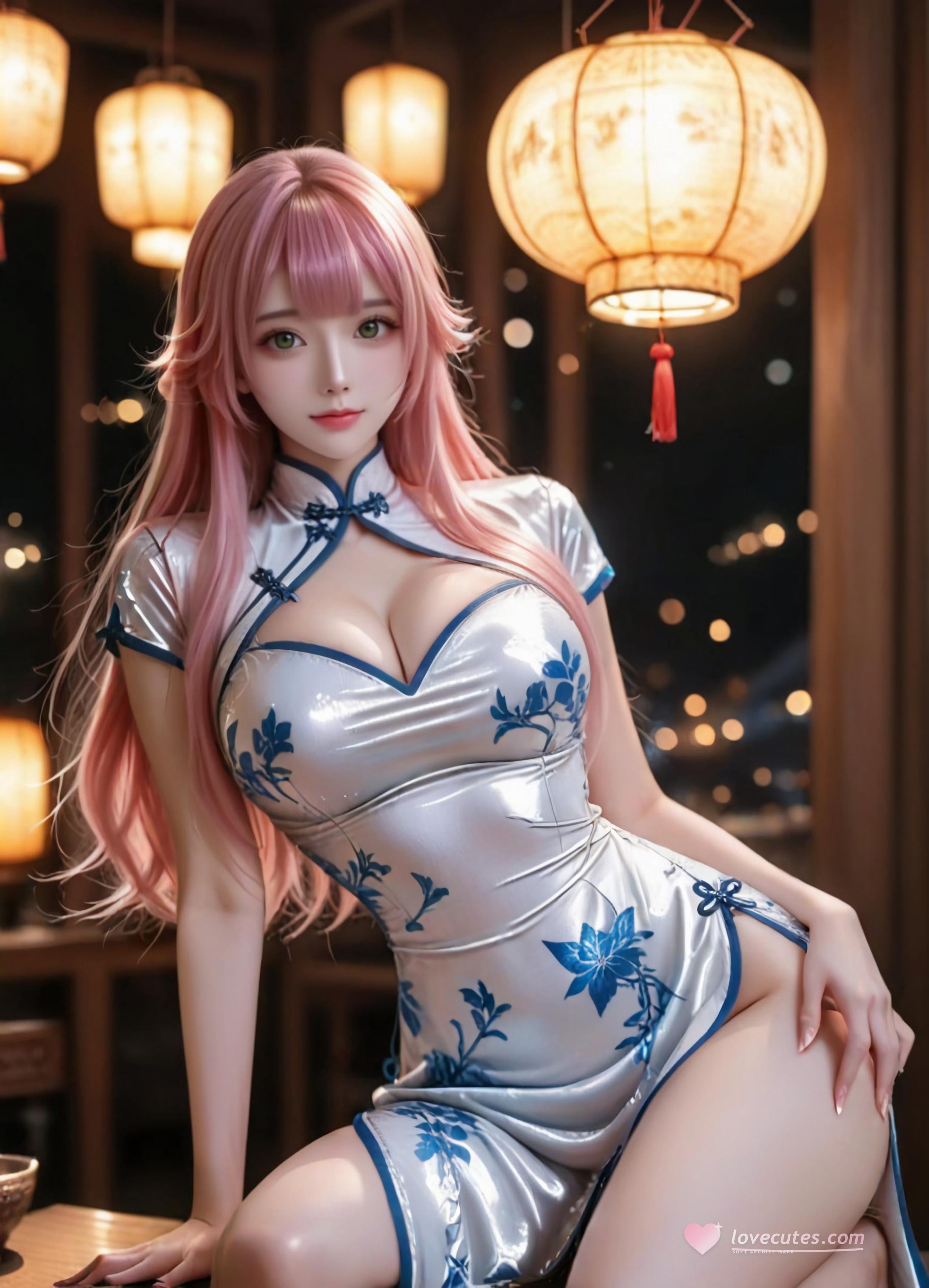 AI สร้างสาวอนิเมะ - 方琼：ชุดกี่เพ้าเงินขาวหน้าอกใหญ่ 123P