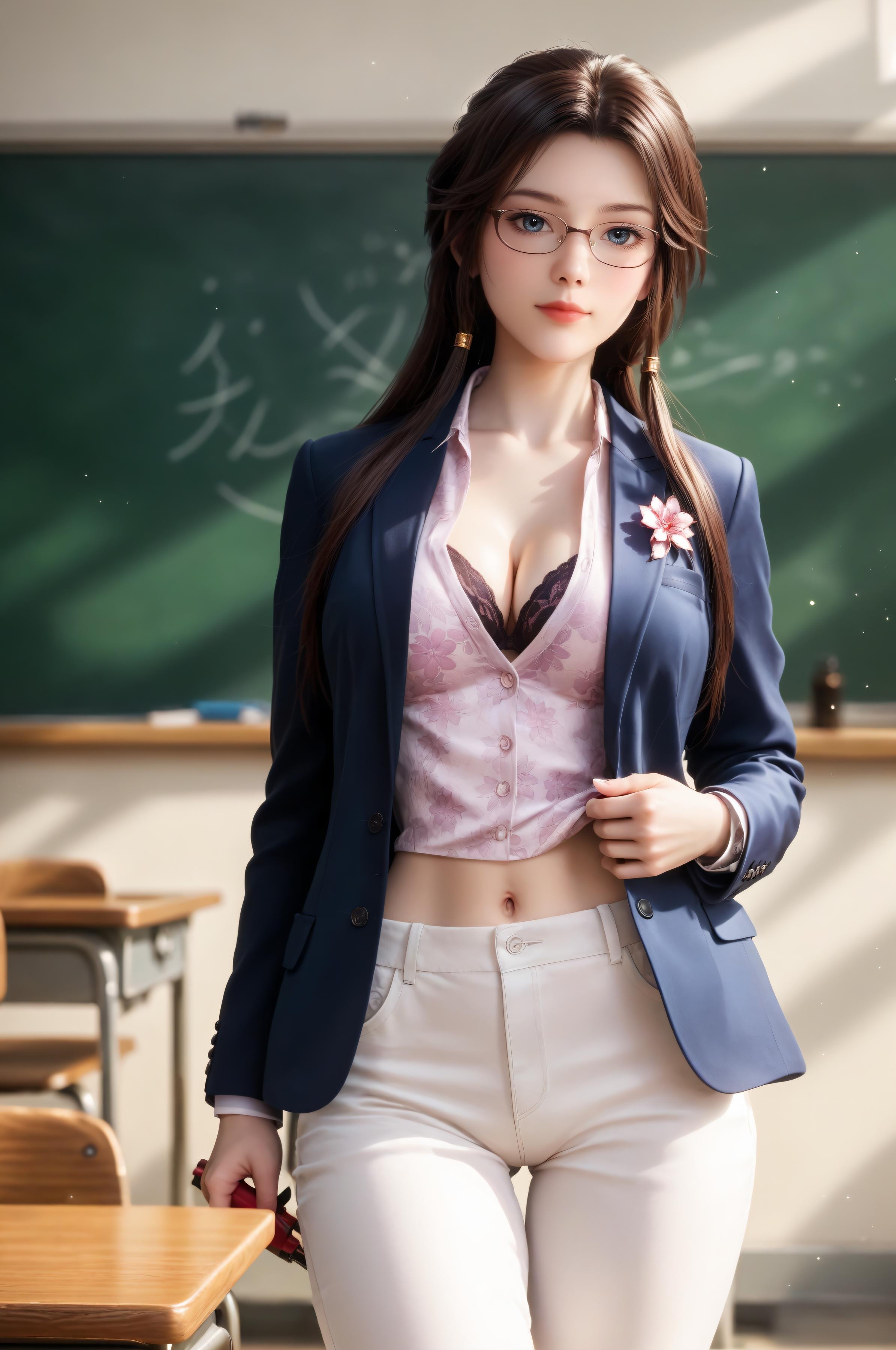 AI生成アニメ少女 - 灵毓秀：教師制服・眼鏡・美胸・美尻・教室の白パンツ露出 91P