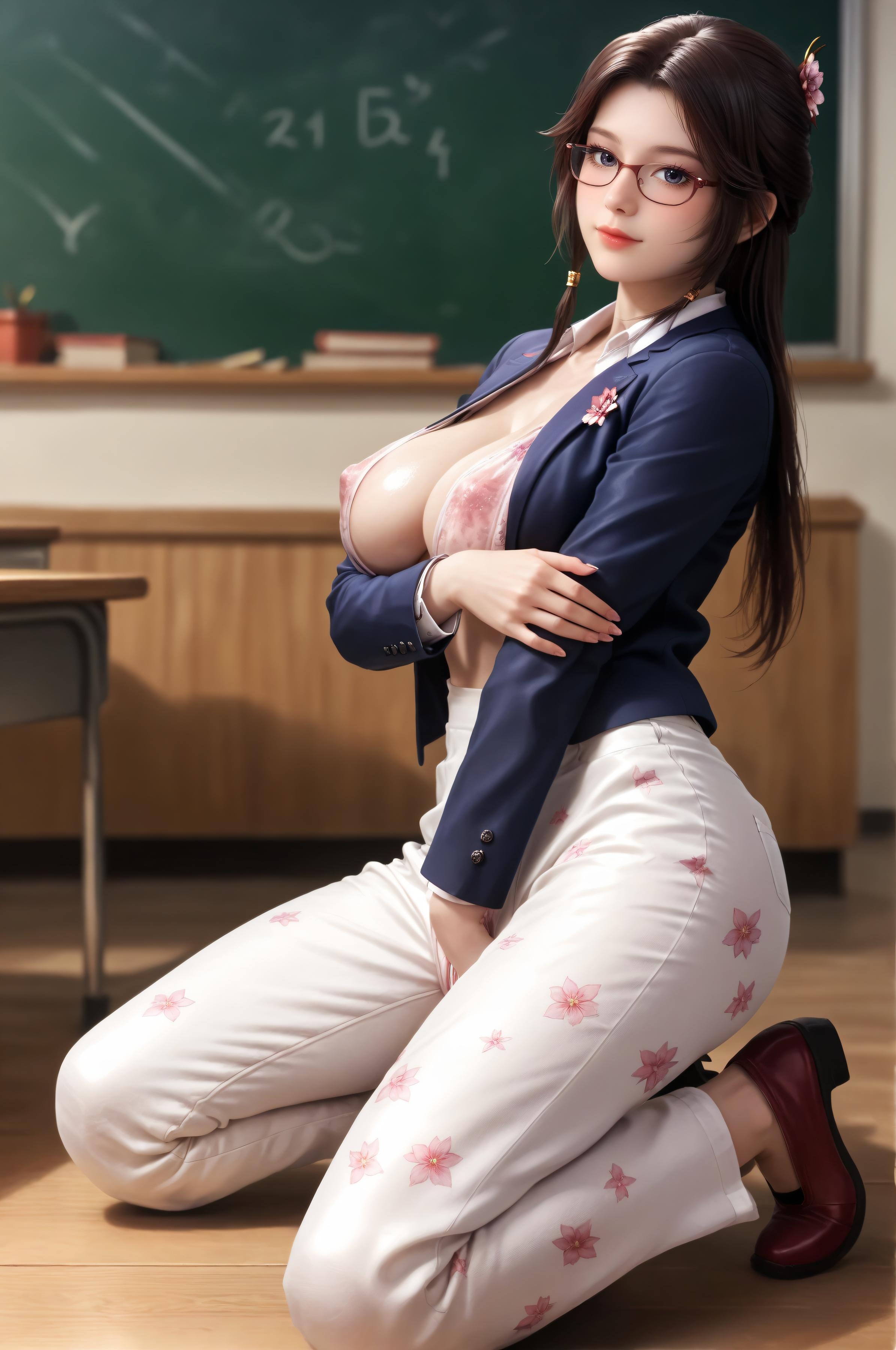 AI生成アニメ少女 - 灵毓秀：教師制服・眼鏡・美胸・美尻・教室の白パンツ露出 91P