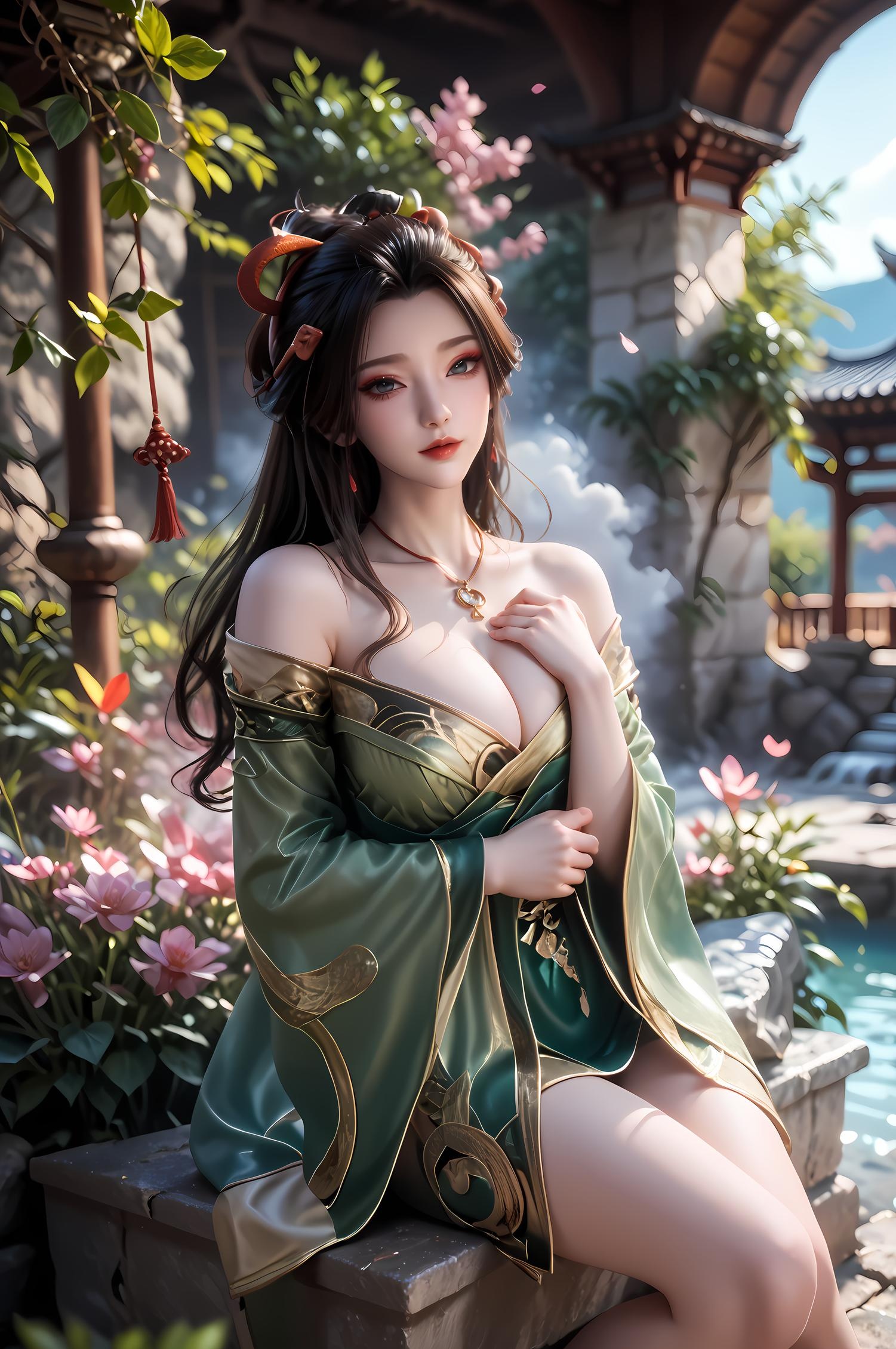 Cô Gái Anime Tạo Bởi AI - 牧神记 龙娇男: Váy Xanh Cổ Điển, Ngực Khỏa Thân, Mông Nổi Bật, 96P