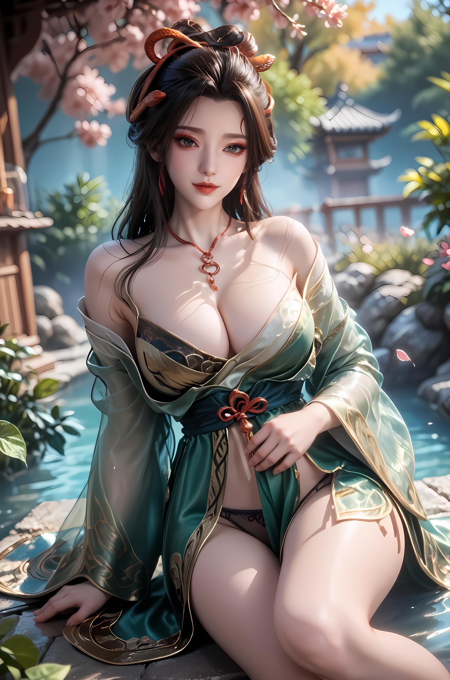Cô Gái Anime Tạo Bởi AI - 牧神记 龙娇男: Váy Xanh Cổ Điển, Ngực Khỏa Thân, Mông Nổi Bật, 96P