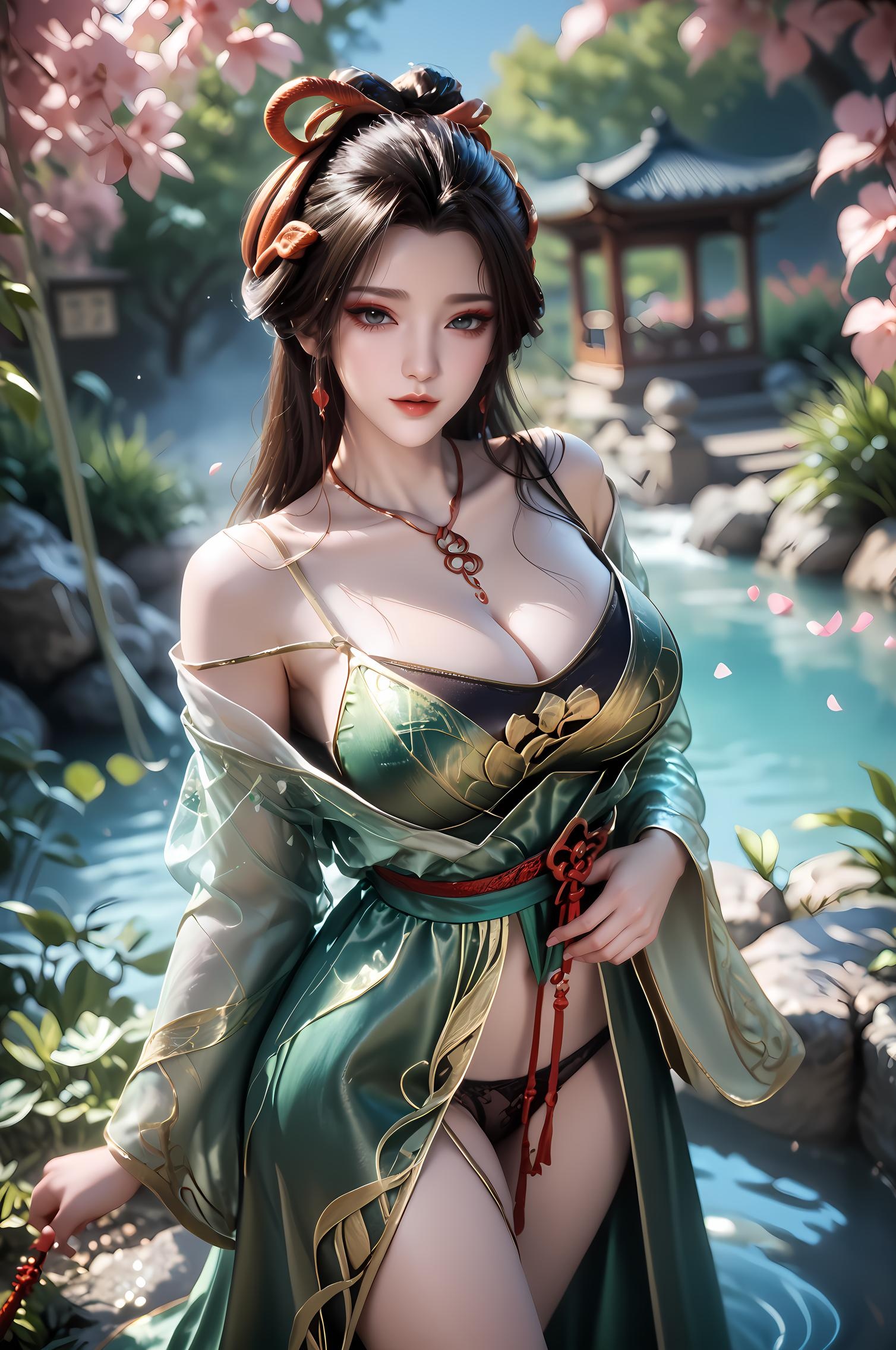 AI Generated Anime Girl -牧神记 Dragon Jiao Nan: Vintage Green Dress, Busty, Hot Springs, 96P