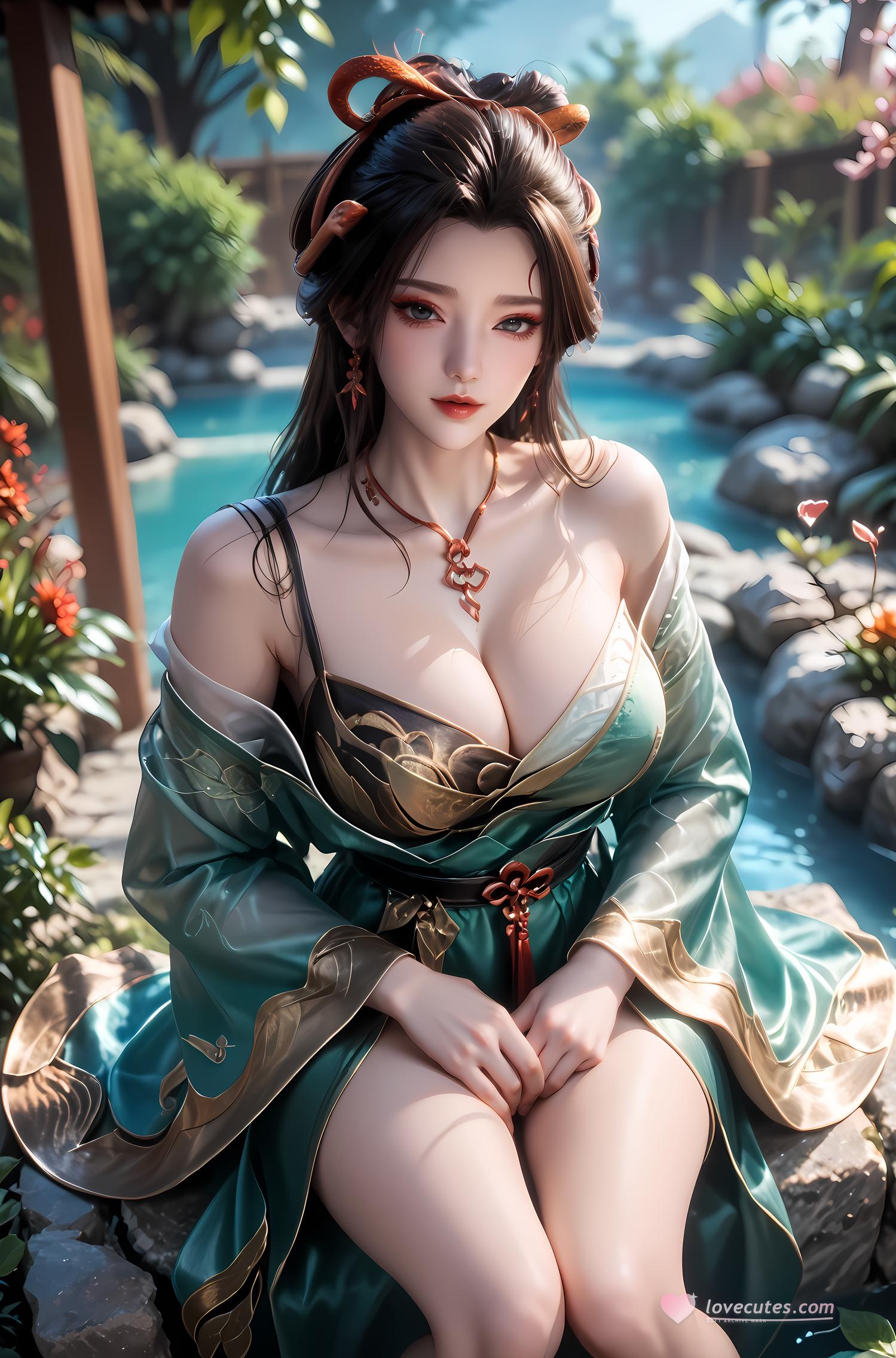 AI Generated Anime Girl -牧神记 Dragon Jiao Nan: Vintage Green Dress, Busty, Hot Springs, 96P